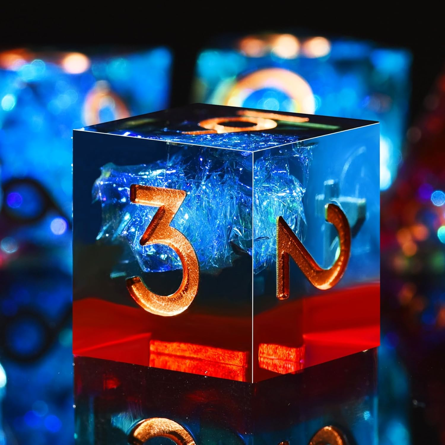 AUSTOR 7-Die DND Dice Set Handmade Sharp Edge Polyhedral Dice for Dungeons and Dragons RPG MTG Table Games（Flame Red & Ice Blue） - Black  Blue image number 6