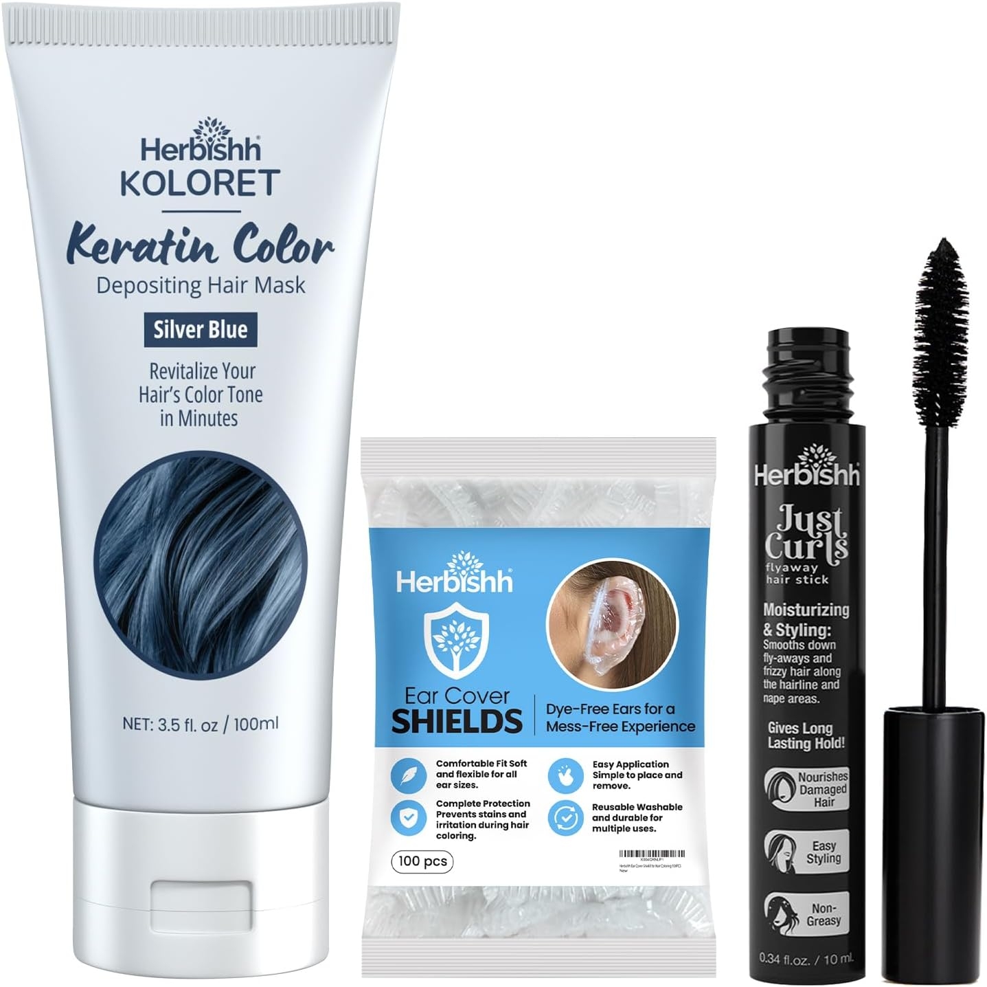 Herbishh Koloret Silver Hair Mask 3.5 Fl.Oz + Flyaway Hair Stick 0.34 Fl.Oz + 100 Pack Ear Shield Covers | Color Depositing Hair Mask for Dry Damaged Hair, Frizz Control, Grey Coverage, Hair Dye Stain Protection, Hair Finishing Wand, Salon & At-Home Use image number 4
