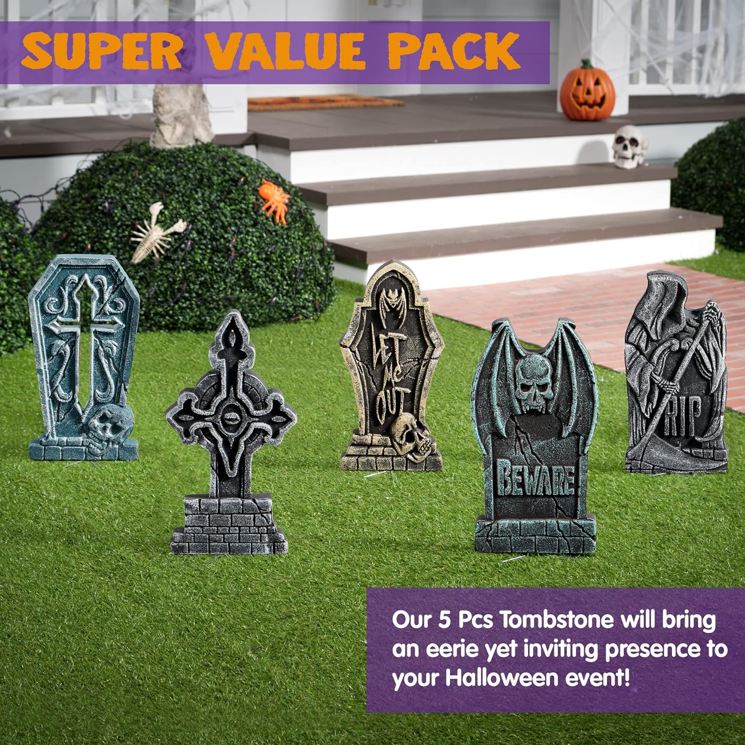 JOYIN 17&rdquo; Halloween Decorations Outdoor Tombstones, 5 Pack Halloween Foam Graveyard Headstone Decorations with 12 Bonus Metal Stakes for Yard Lawn outside Decor image number 4