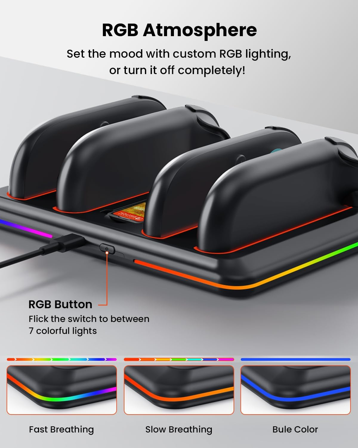 Switch 2 Controller Charger Dock for Nintendo Switch Joycon, Magnetic Charging Dock Station with RGB Light Modes, Charger Indicator & USB C Cable, Switch Accessory Kits, Storage Four Game Cards image number 3