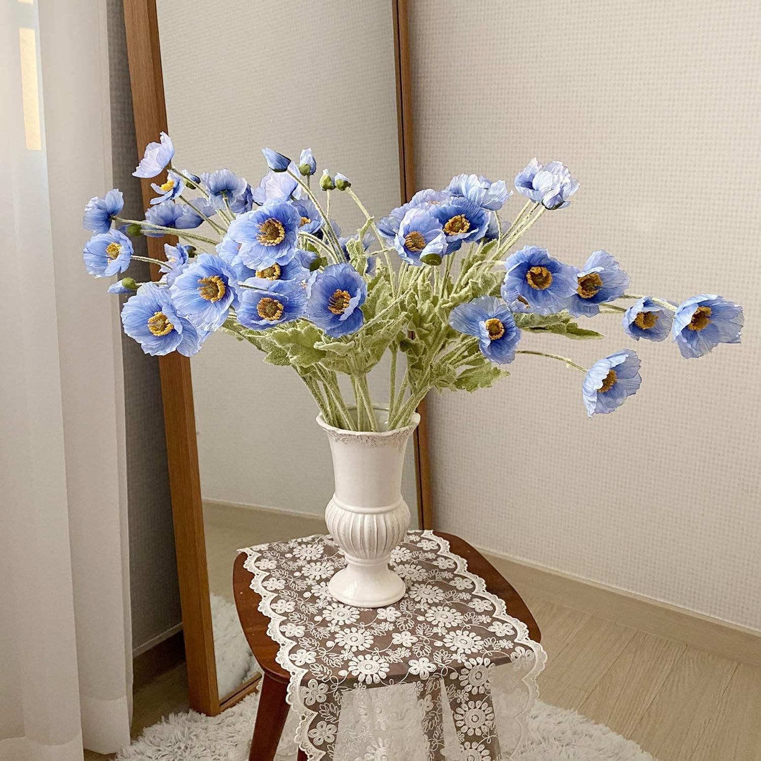 Kamang Artificial Poppy Blue Silk Flowers (3 Stems) for Home Decor, DIY Bouquet, Wedding. Real Touch Blue Silk Flower, Artificial Plants Poppy Blue Flowers Table Centerpiece (Himalayan Blue) - Apricot Coral image number 6