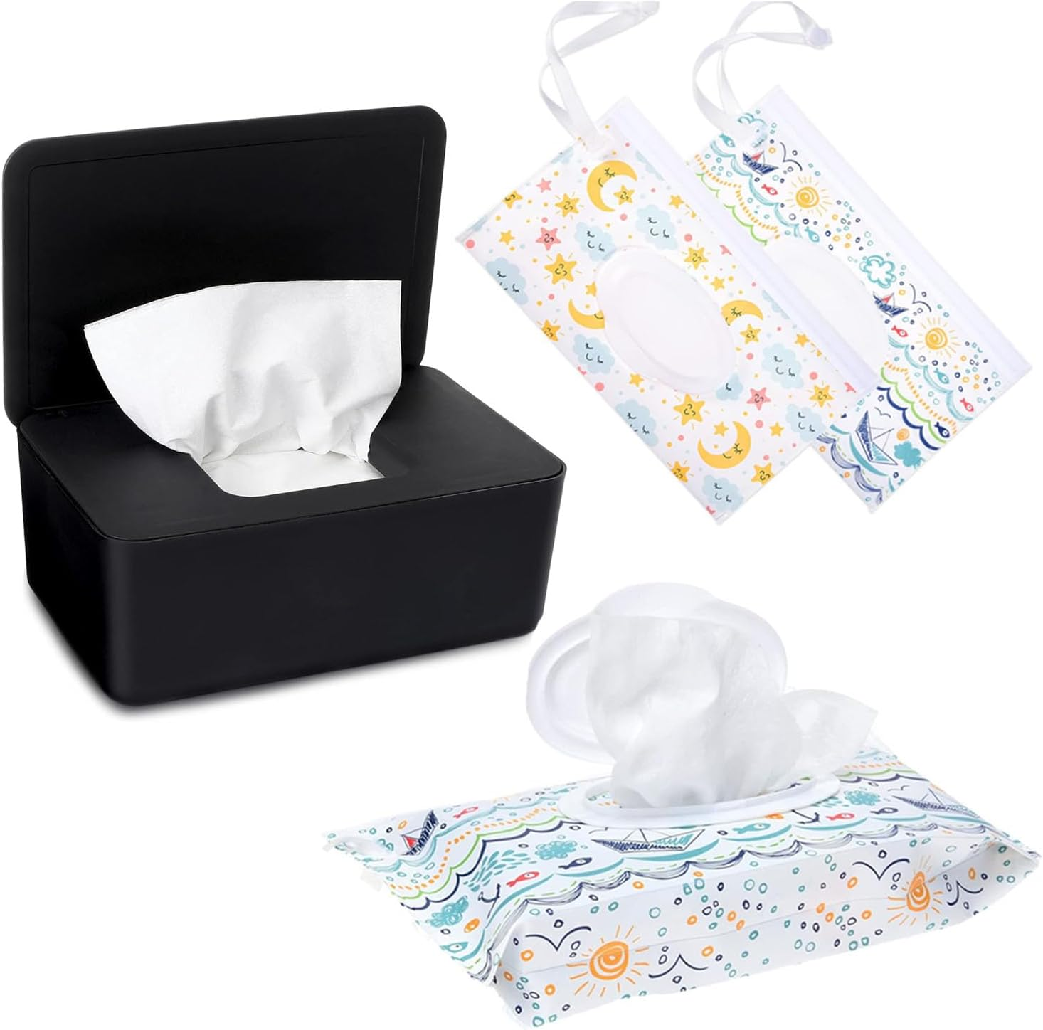 Wipes Dispenser with 2Pcs Portable Refillable Wipe Holder,Reusable Large Wipe Holder Box Flushable Wipes Case Bathroom Wipes Container for Pet Nursery Kitchen Office Counter(Green)