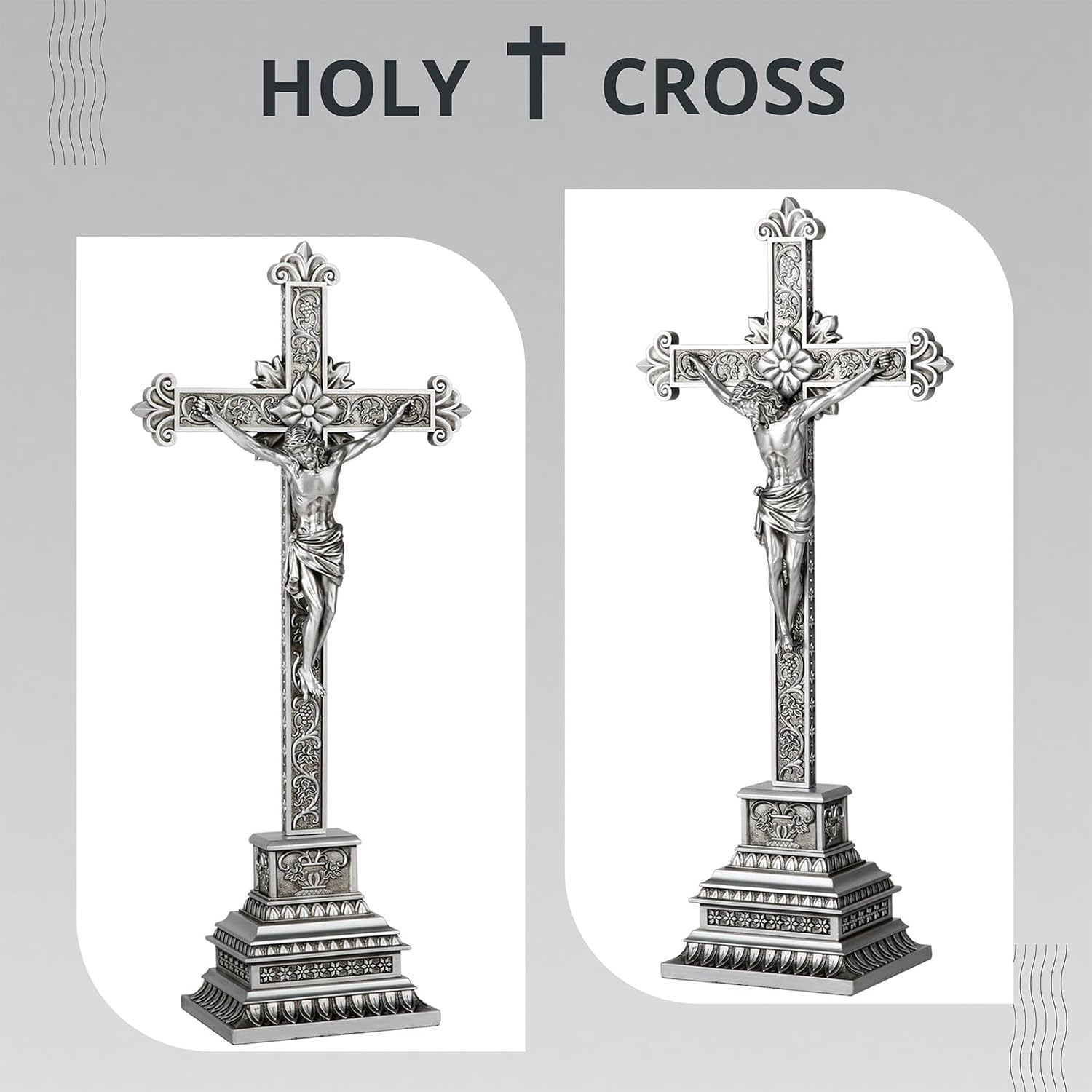 Standing Crucifix - 16 Inch Jesus Cross with Base for Home Table Decor, Silver Crucifix Standing Cross Catholic Wedding Altar Religious Gifts image number 5