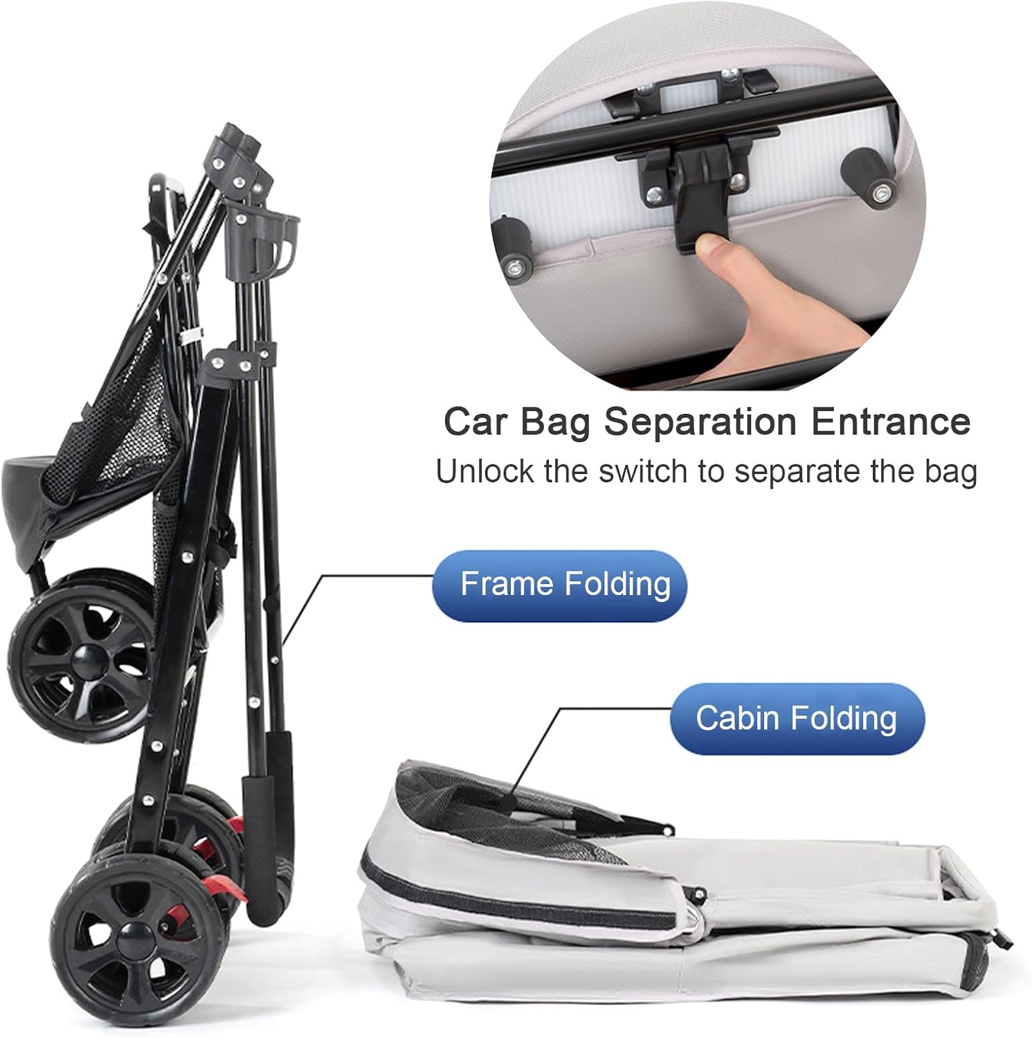 Pet Stroller with Wheels, Dog Stroller for Small Medium Dogs Cats, Portable Cat Stroller with Detachable Carrier, Foldable Dog Cat Jogger Stroller, Large Pet Travel Carrier with Cup Holder (Grey) - Grey image number 2