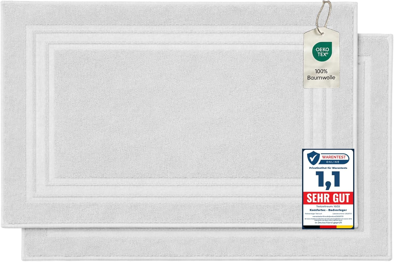 Komfortec Bath Mat Set, 2 Pieces, Terry Cloth Shower Mat, Washable Shower Mat & Bath Mat, 600 G/M&sup2; & 100% Cotton, Absorbent & Quick Drying, 50 X 70 Cm, White image number 5