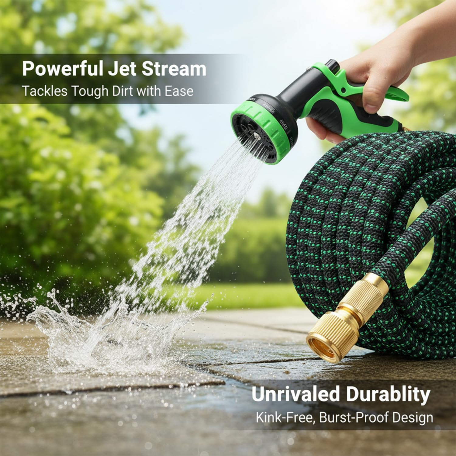 Garden Hose, 100/75/50Ft Expandable Garden Hose,Lightweight Hose with 8Function Nozzle, Leak-Proof, No-Knot, Easy to Carry, Wear-Resistant, Sturdy, Flexible,Garden, Outdoor (Green, 50FT) image number 1