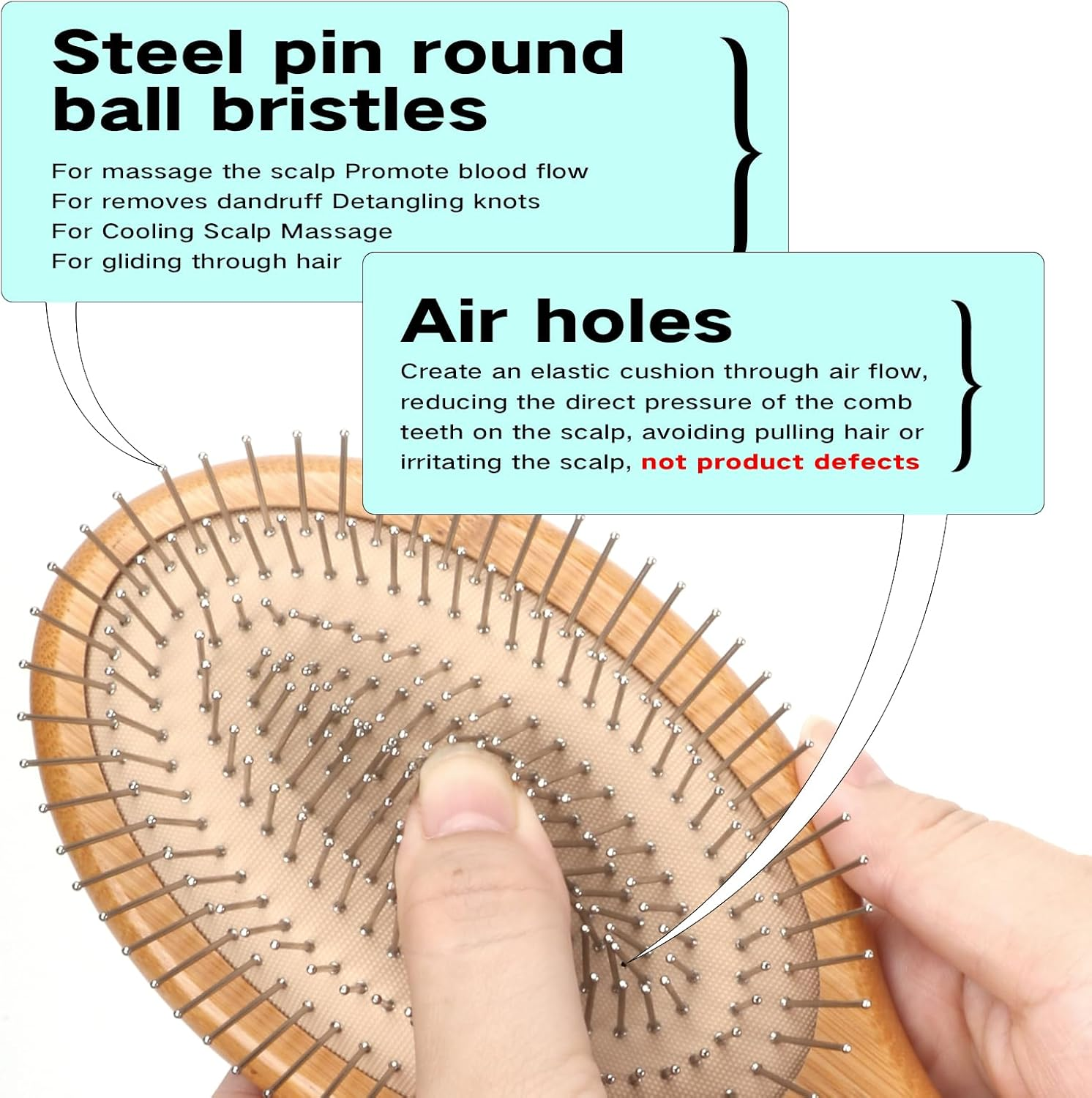 Combetter Bamboo Hair Brush, Smoothes Hair and Massages Scalp, Detangling Anti-Static Hair Brush, Environmentally Friendly Natural Wood with Metal Steel Bristles for Women image number 3