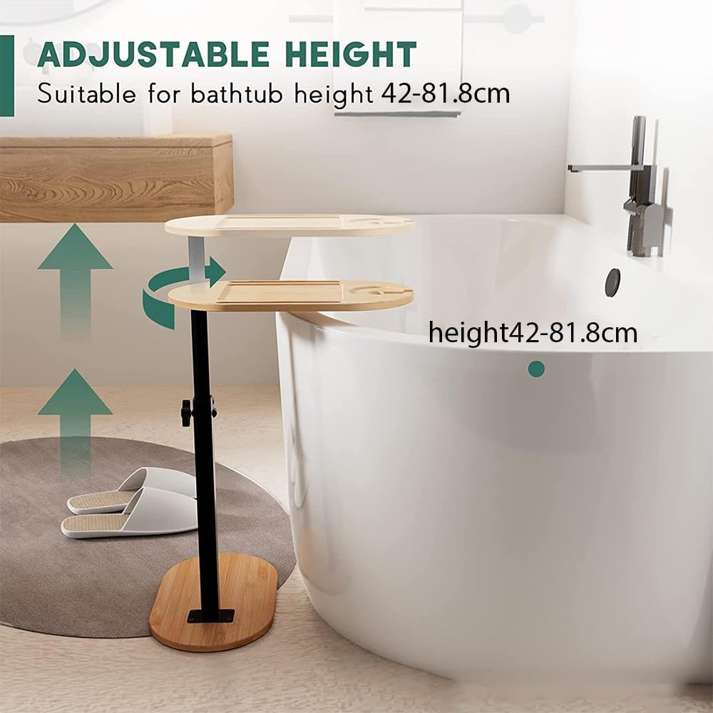 Bamboo Bathtub Tray Table with Adjustable Height, Couch Table Traies for Small Place, Tray Tub Shelf for Luxury Bath Home Spa, Functional Traies, 360&deg;Swivel Tray Tables, Bathtub Side Tables image number 2