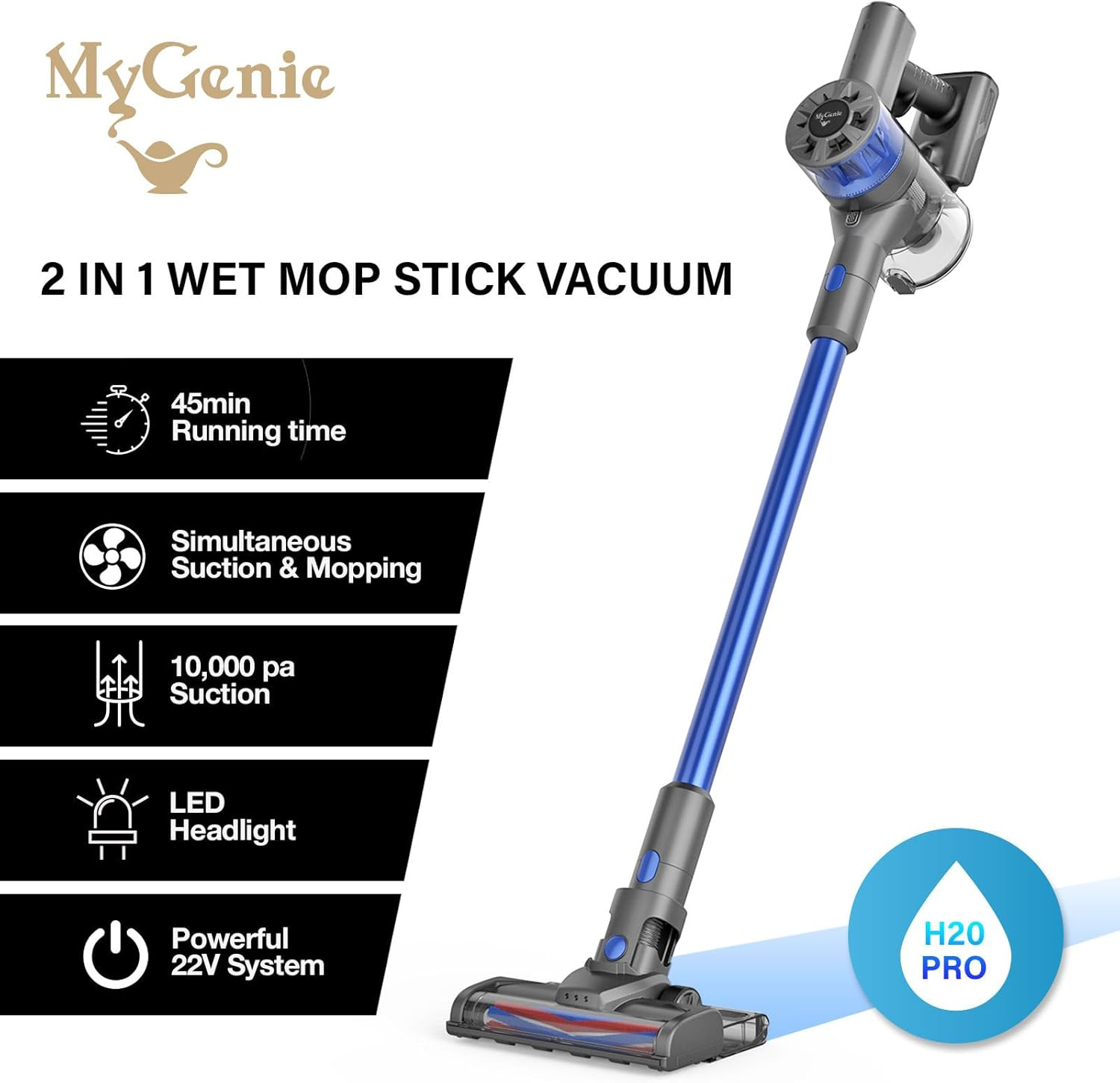 Mygenie H20 Pro Cordless Vacuum Cleaner and Wet Mop - Dual Cleaning Function, Cyclonic Filtration, Lightweight with Versatile Attachments, Blue image number 5