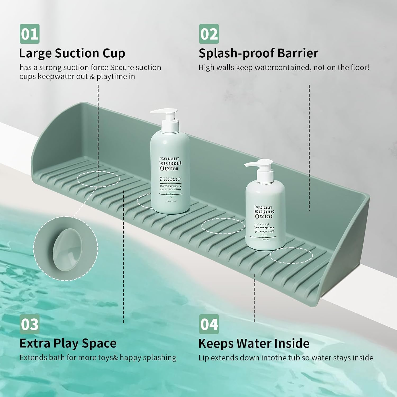 Kids Bathtub Splash Guard, Silicone Tub Shelf with Toy Storage, Extra-Wide Design, Strong Suction Cups image number 3