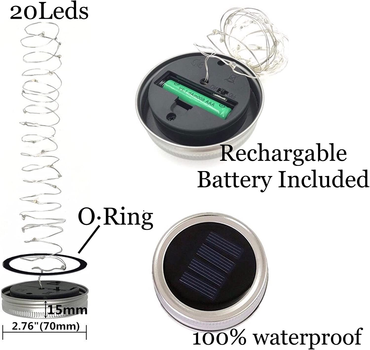 Solar Mason Jar Lid String Lights, 8 Pack 20 Led String Fairy Star Firefly Jar Lids Lights with 8 Hangers Included (Jars Not Included), for Mason Jar Patio Garden Wedding Lantern image number 5