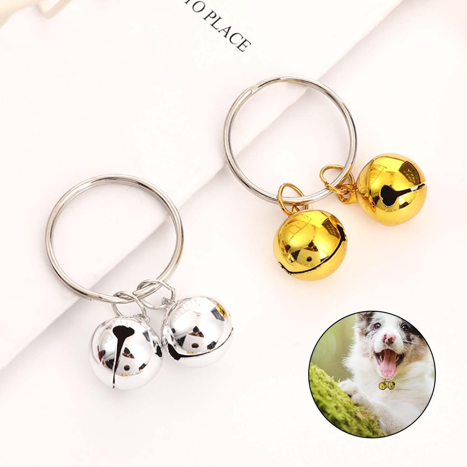 2 Pcs Dog and Cat Bells,Extra Loud Cat Dog Collar Copper Pendant Bells,Collar round Pet Tracker Bell,Alert Dogs Bell Key Rings Pendant Decoration for Dogs and Cats Harness Training(Gold, Silver)
