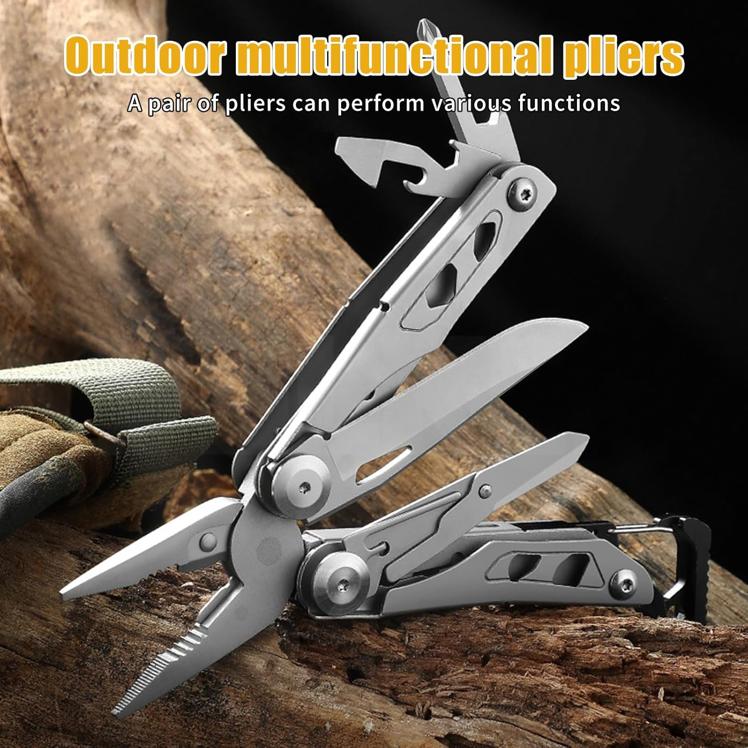 Multitool Pliers and Scissors, 13 in 1 Stainless Steel Portable Foldable Pocket Multi Tool, anti Slip Mini Camping Tool for Screwdriver, Bottle Opener (With Belt Clip) - With Belt Clip image number 2