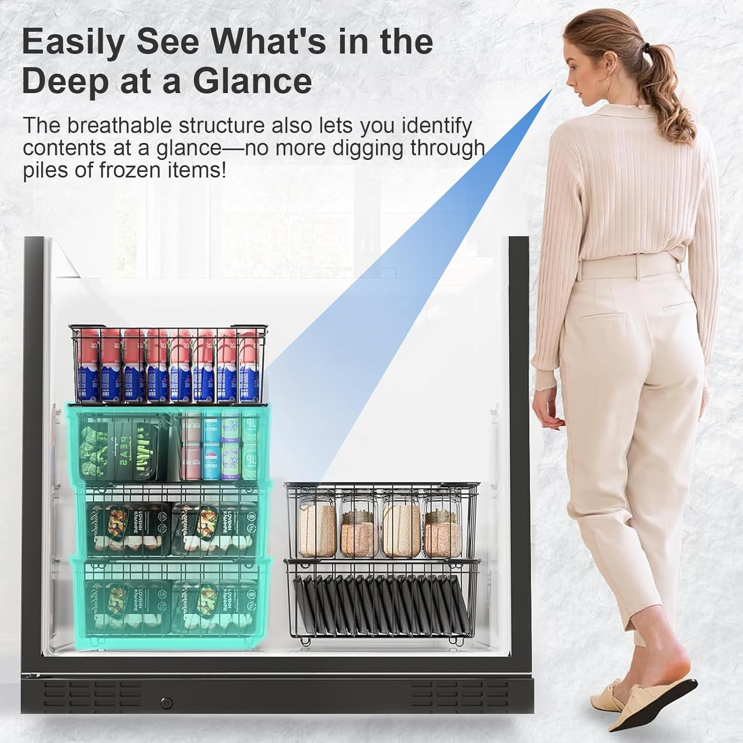 6 Pack Freezer Organizer Bins, Stackable Deep Chest Freezer Organizer Bins, Metal Foldable Baskets with Handles, Black Wire Freezer Storage Bin with Better Space Utilization (37&times;18&times;15Cm) image number 5