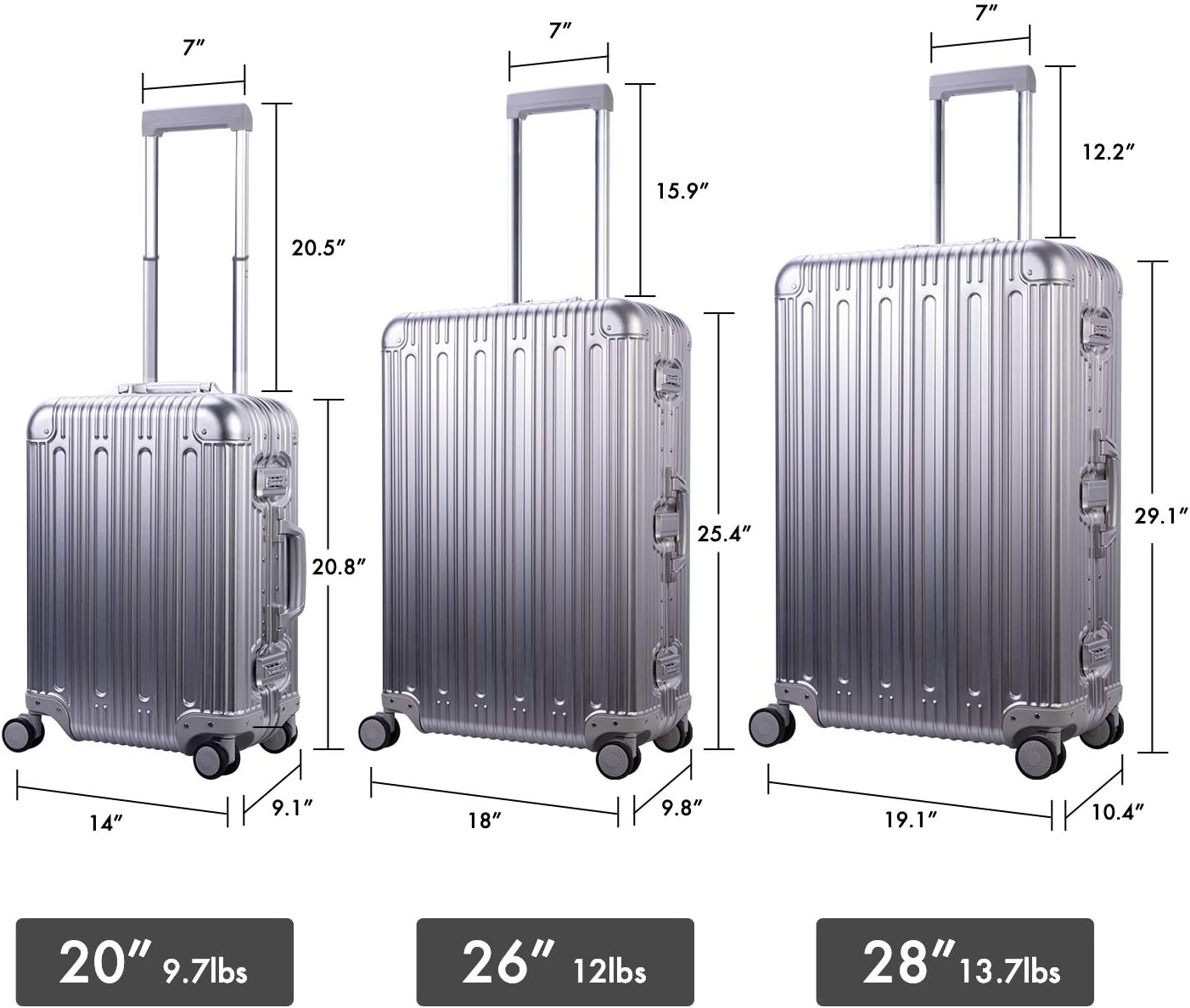 Travelking Multi-Size All Aluminum Hard Shell Luggage Case Carry on Spinner Suitcase by Travelking 20"-28", Sliver, 28" image number 3