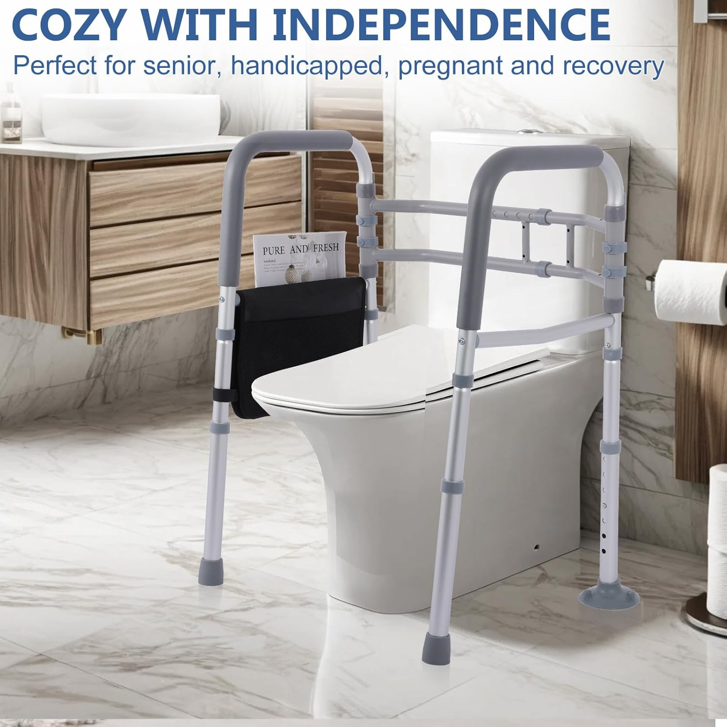 KPEPIX Toilet Safety Rails - Stand Alone Toilet Safety Frame & Grab Bar, Adjustable Toilet Seat Riser for Seniors, Raised Toilet Seat with Handles - Toilet Riser Fits Most Toilet image number 2