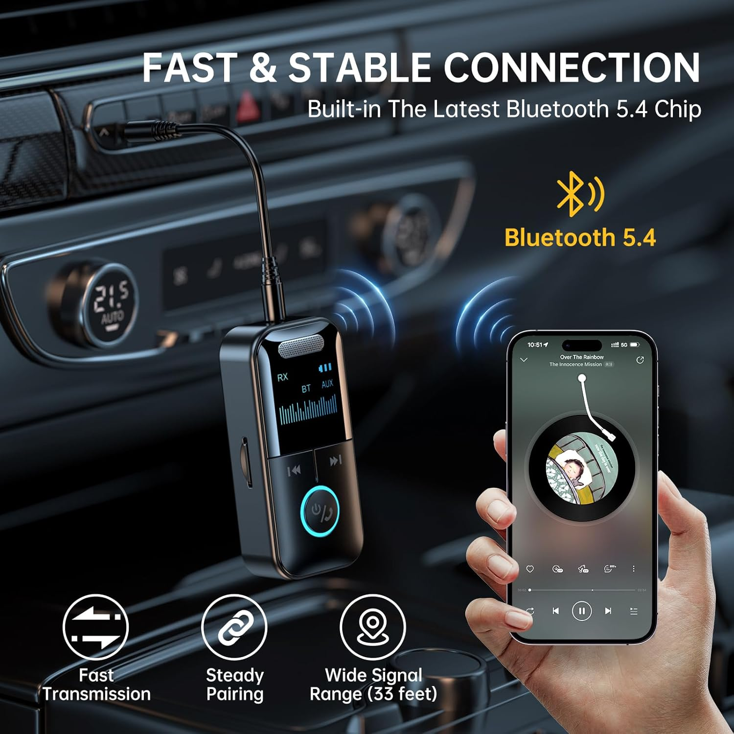 Bluetooth 5.4 Audio Transmitter Receiver, 4-In-1 Wireless Transmitter Adapter, Low Latency/Hd Screen/Tf Card Aux Adapter for Airplane, Car, Laptop, Radio,Tv image number 5