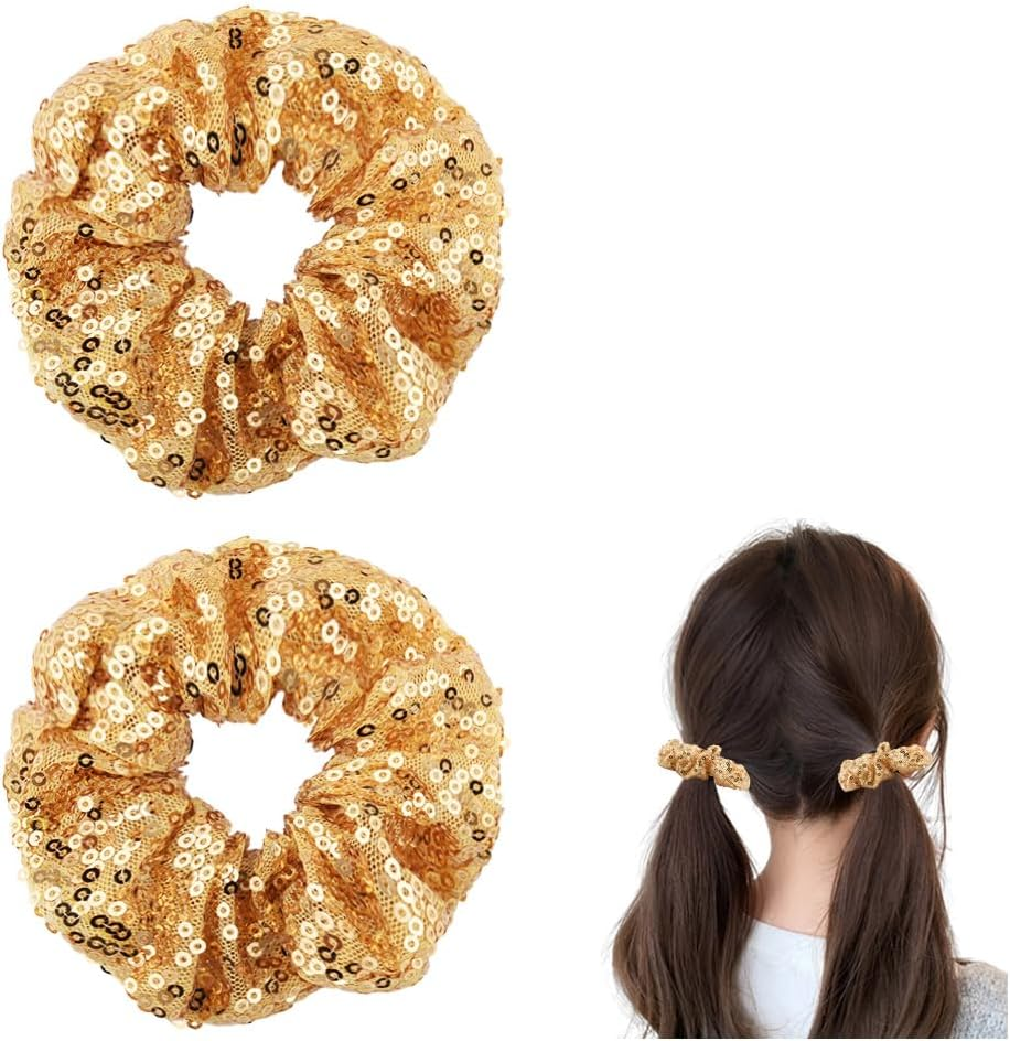 Gold Sequin Scrunchies for Girls Women Bling Elastic Hair Ties Bands Ropes Ponytail Holders for Christmas Party Hair Accessories Cheerleadering Hair Scrunchie Scrunchy 2 PCS
