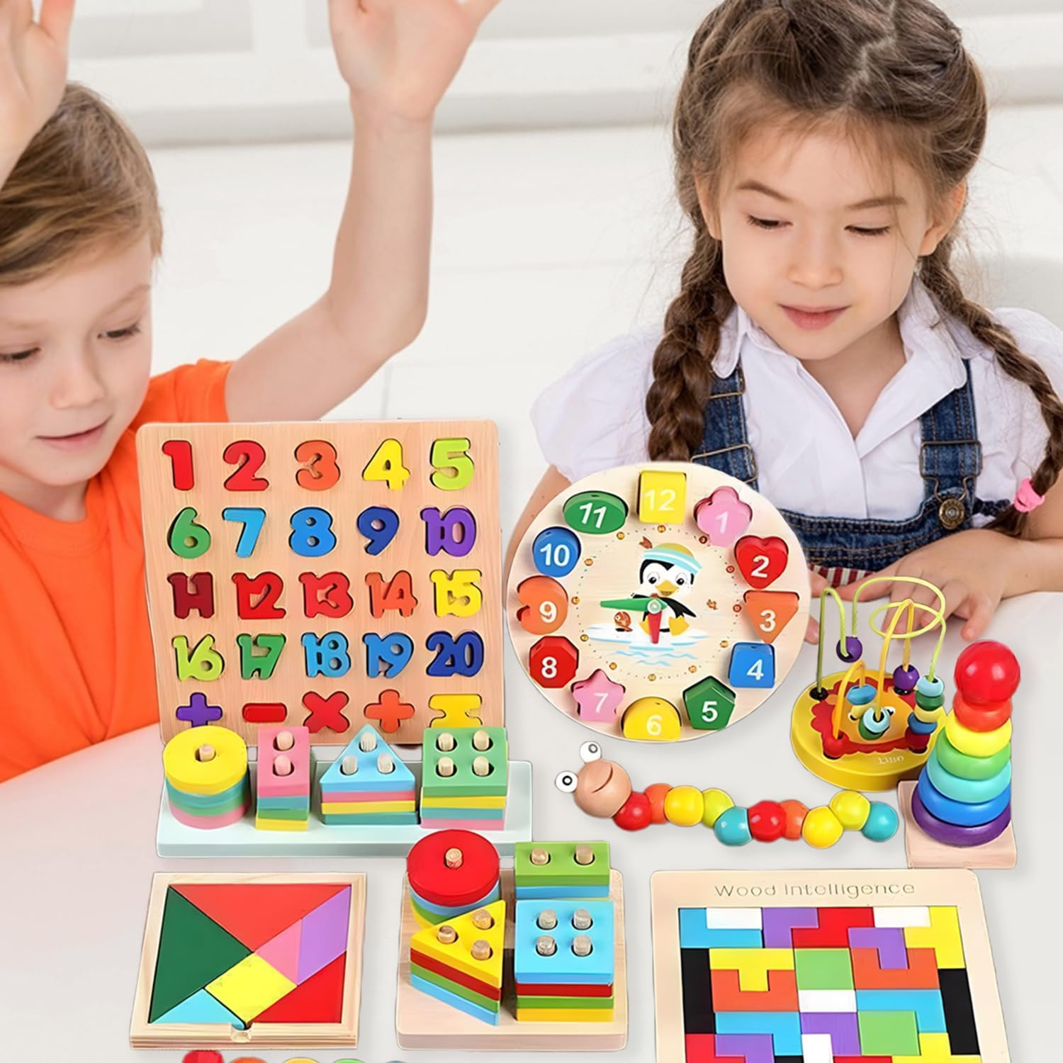 Uandhome Montessori Toys Set,10 in 1 Kids Wooden Toddler Sensory Toys,Preschool Educational Learning Toy with Wooden Sorting & Stacking Xylophone Bead Maze Sand Hammer for 3 Years Old Boys Girls Gift image number 1