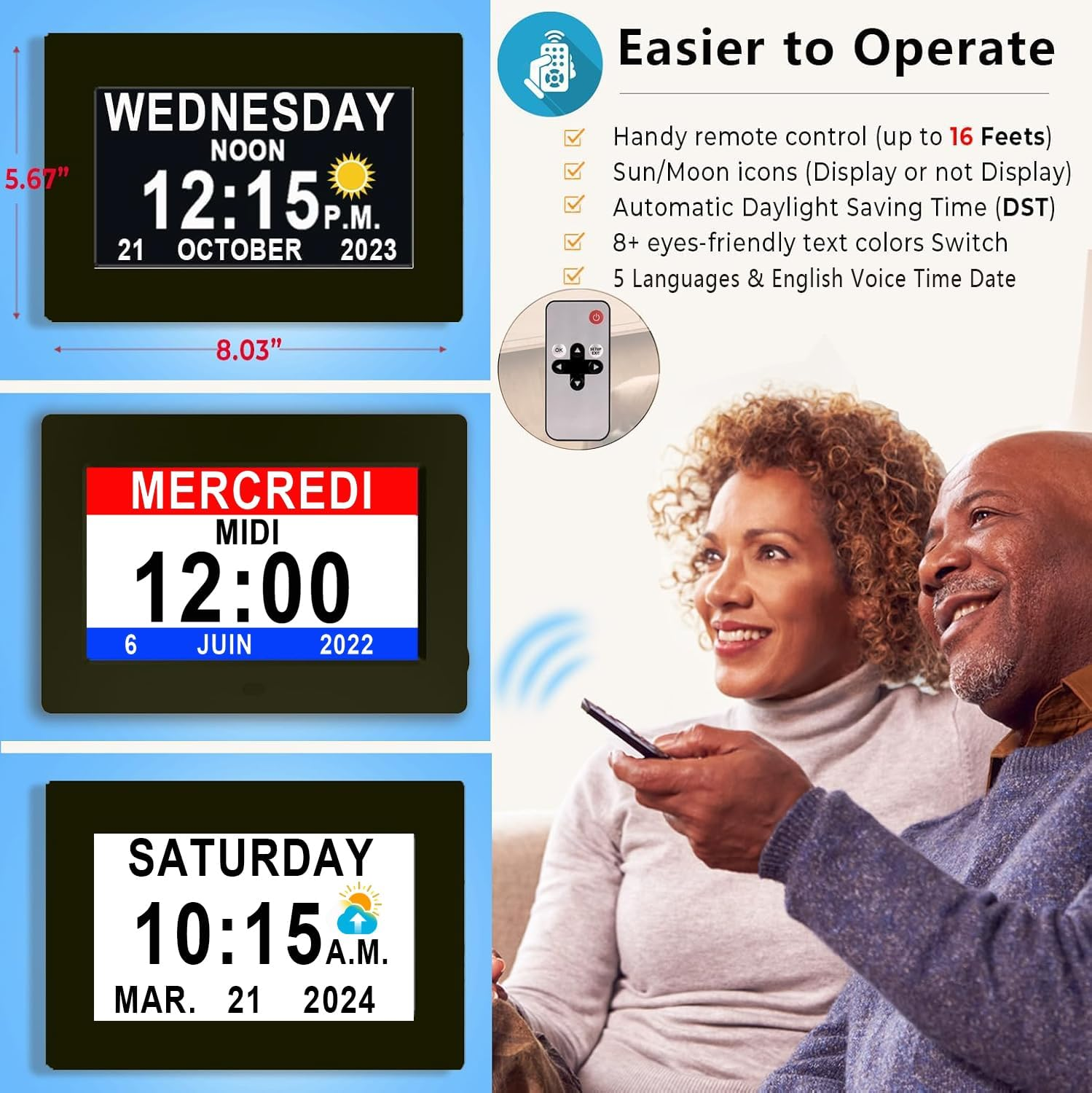 Newest, 19 Alarms Digital Talking Clock with Loud Voice Time Date, Auto DST, 20 Custom Reminders, 10-Level Dimmer, Sleep Trainer, Speaking Day Date Calendar Clock for Seniors Dementia- with Remote - White image number 3