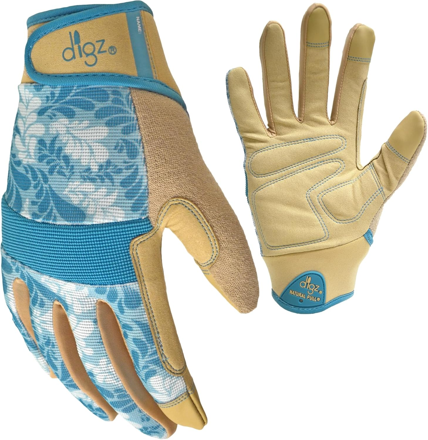 DIGZ 7606-23 High Performance Women'S Gardening Gloves, Work Gloves with Touchscreen Compatible Fingertips, Blue Leaves Pattern, Medium image number 4