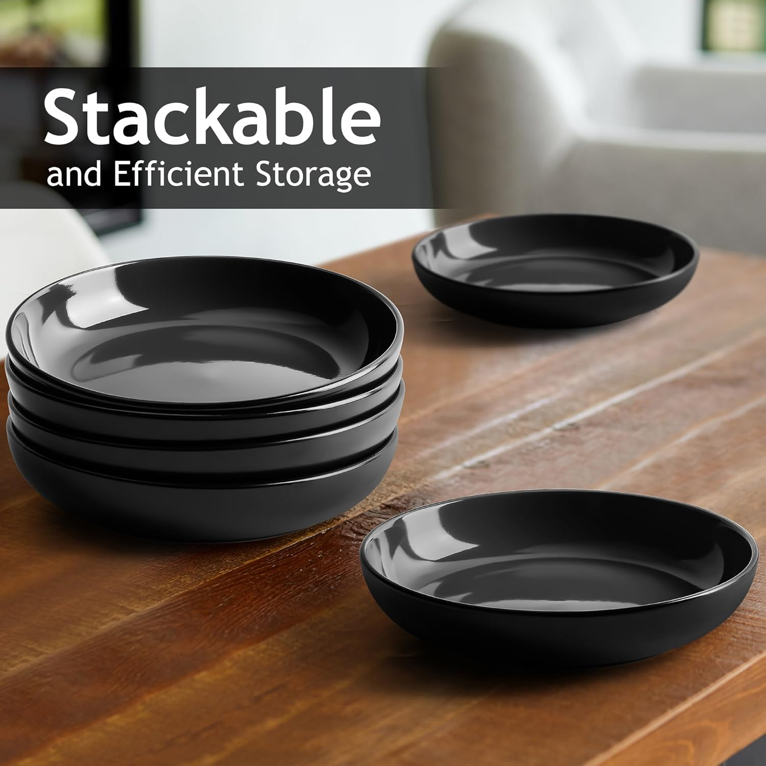 MIAMIO &ndash; 890 Ml Set of 6 Pasta Bowls/Salad Bowls, Pasta Plates Wide and Shallow Bowl, Large Ceramic Stoneware Deep Plate Serving Soup, Microwave and Dishwasher Safe - Le Papillon Collection (Black) - Black image number 3