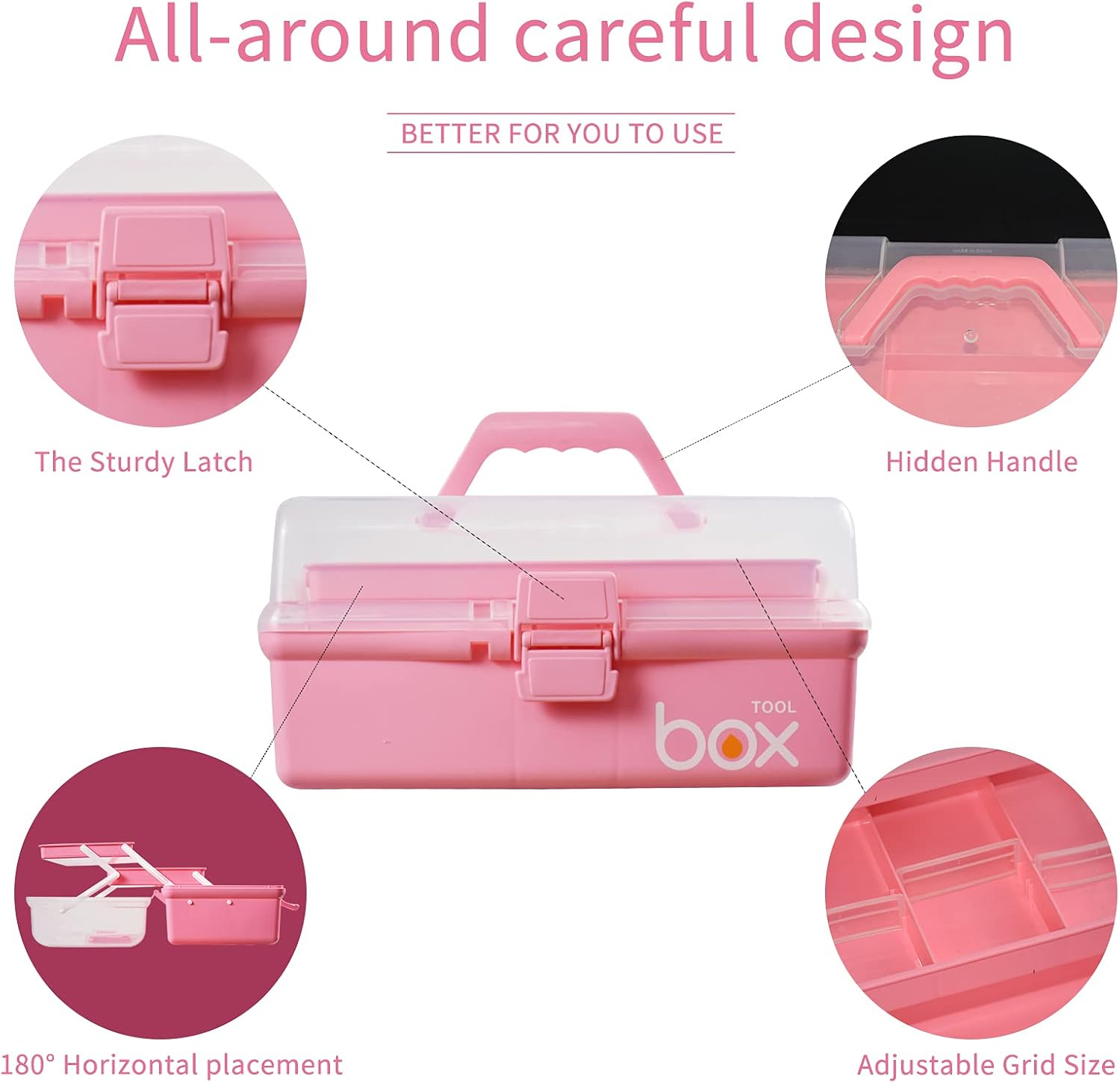 12In Three-Layer Multipurpose Storage Box Organizer Folding Tool Box/Art & Crafts Case/Sewing Supplies Organizer/Medicine Box/Family First Aid Box with 2 Trays (Pink) - Green image number 5