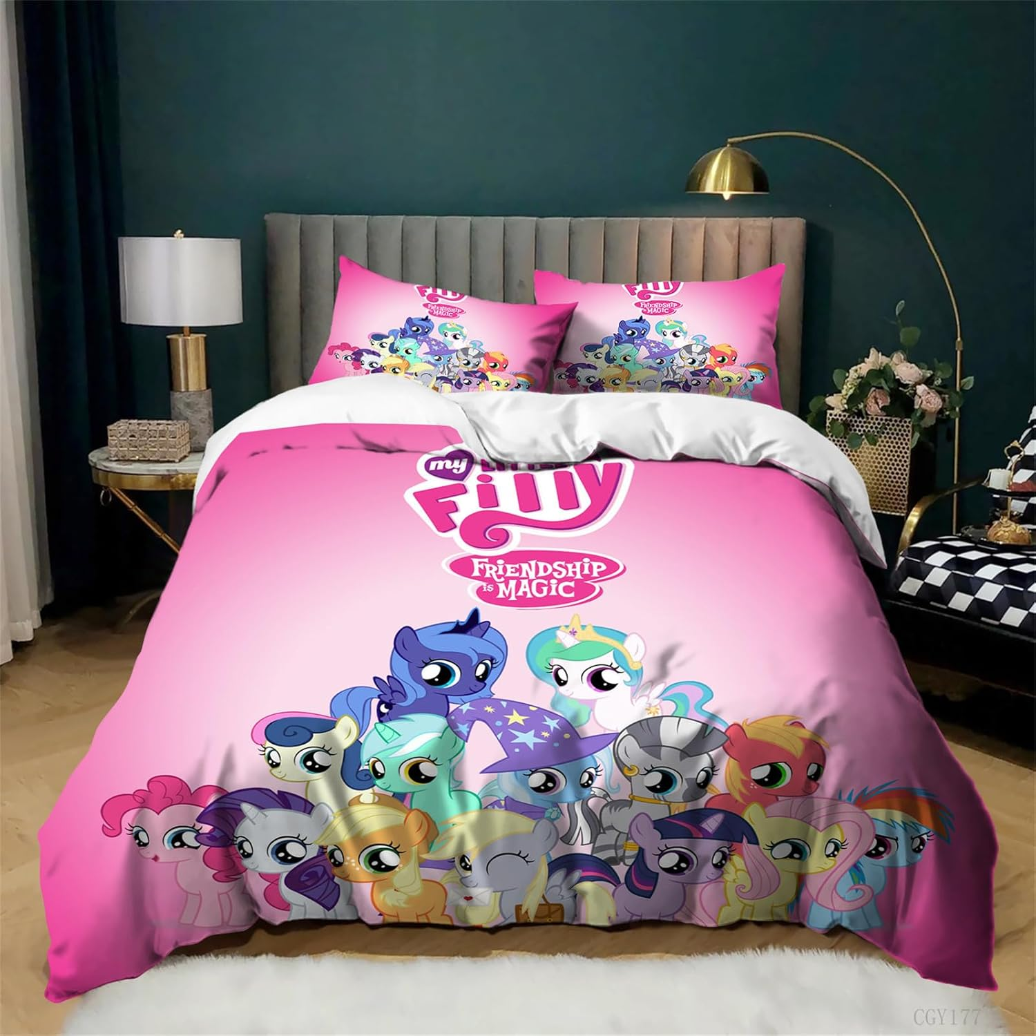3Pcs Girls Bedding Duvet Cover Set My Little Pony Duvet Cover All Season Lightweight Cartoon Quilt Cover for Kids