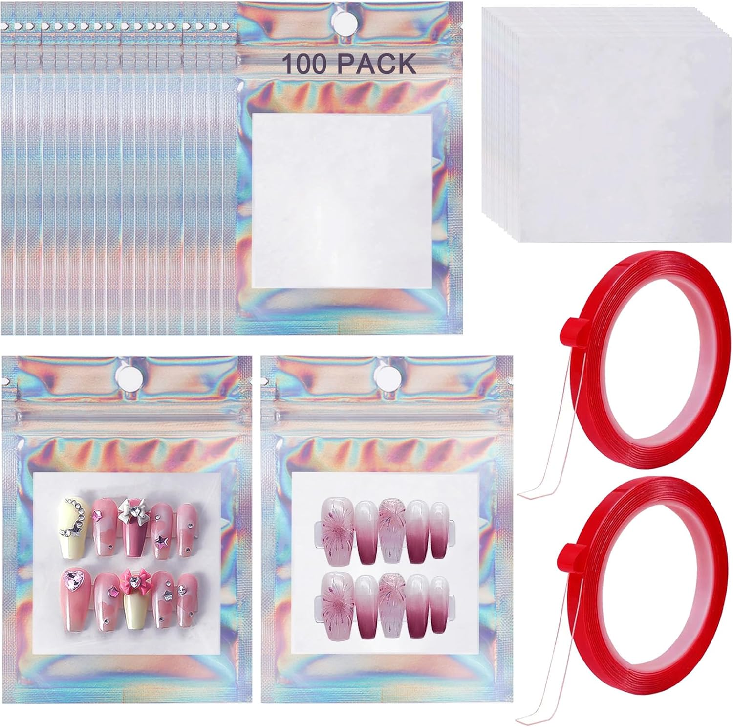 100 PCS Press on Nail Packaging Bag for False Nail Tips Holographic Press on Nail Storage Bag 100 PCS White Card with 2 Roll Transparent Tape for Nail Display Fake Nail Storage Organizer Nail Supplies
