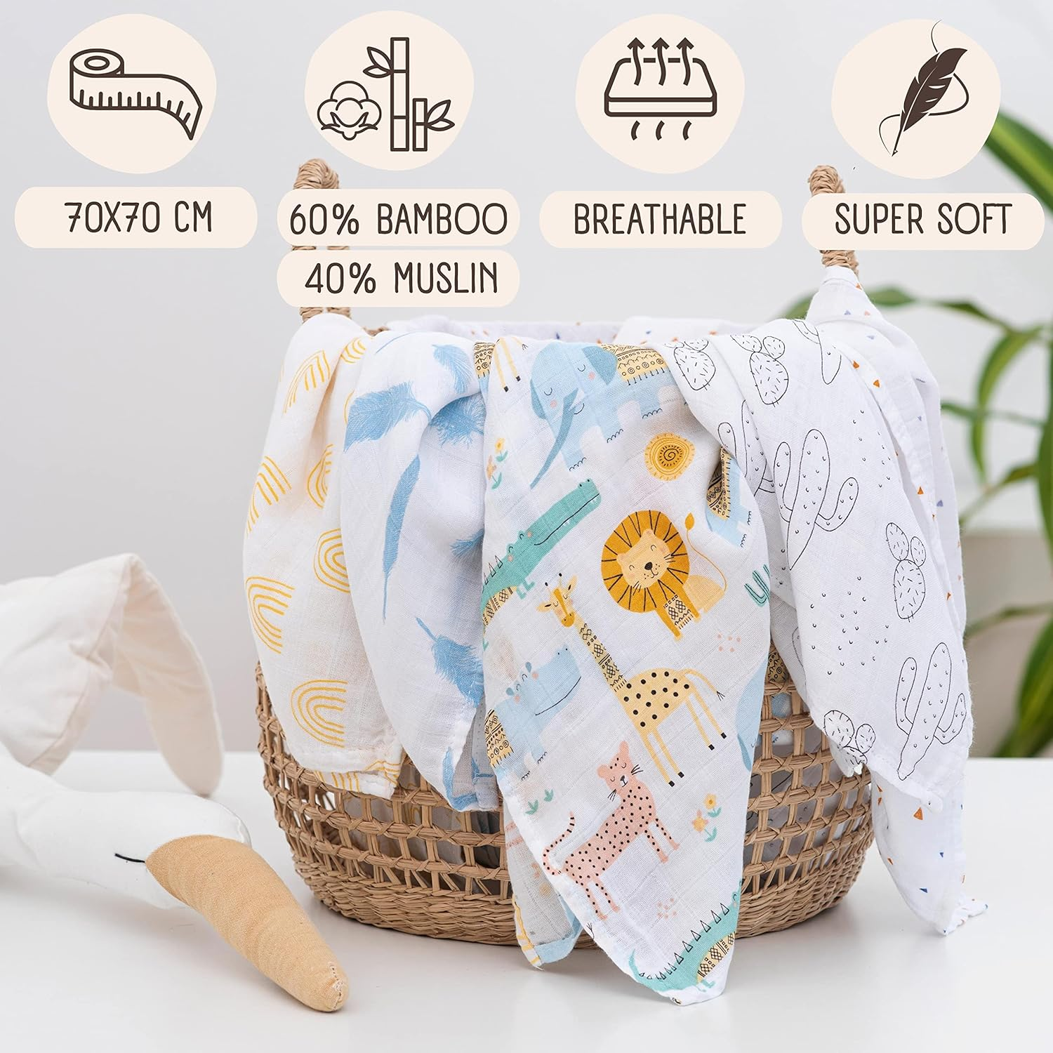 Bisoo Muslin Cloth for Baby - 60% Bamboo Fiber and 40% Cotton Muslin Squares - Soft and Breathable for Newborns - Multipurpose Burp Cloths - 5-Pack Unisex Baby Muslins 27X27 in (Joy) image number 3