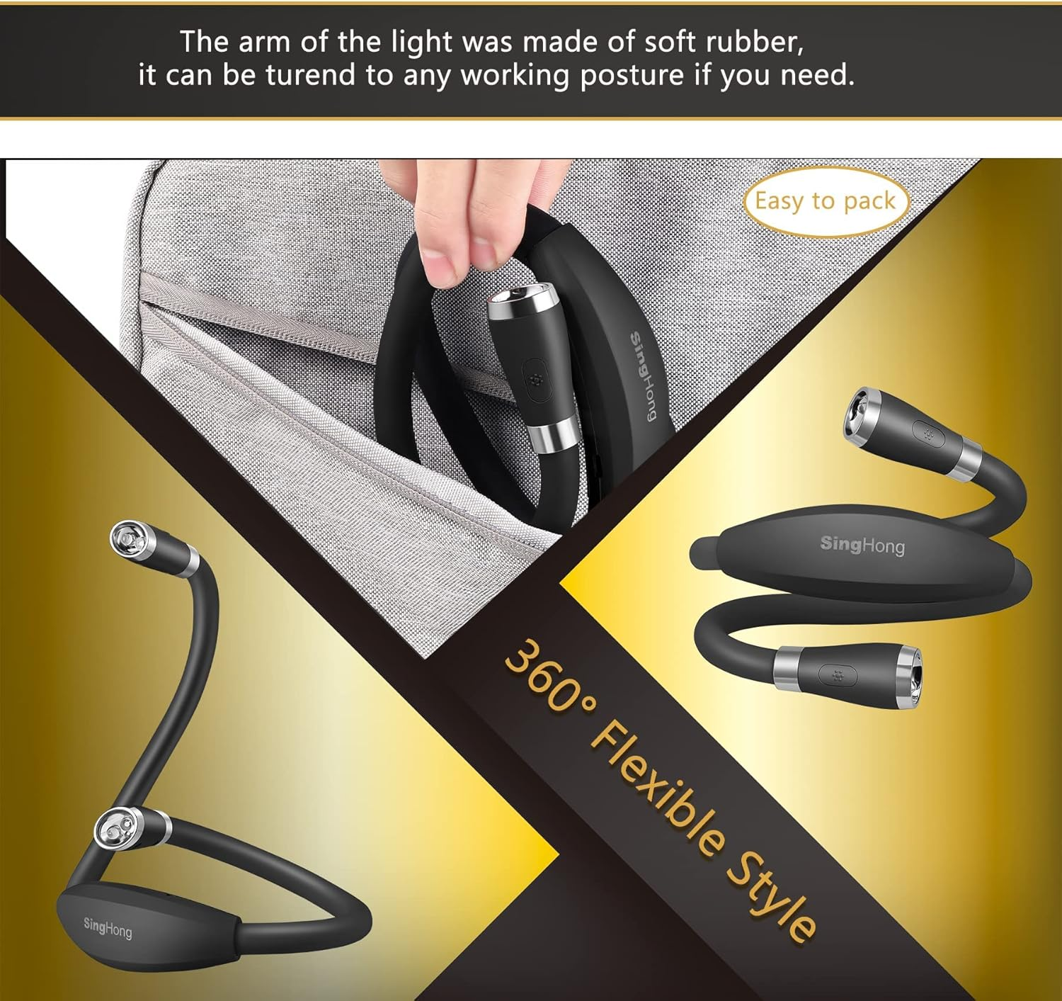 Singhong Neck Book Light LED Reading Lamp - USB Rechargeable, Hands Free, 4 LED Bulbs, 4 Adjustable Brightness, for Bed or Car (Black) - Blue image number 6