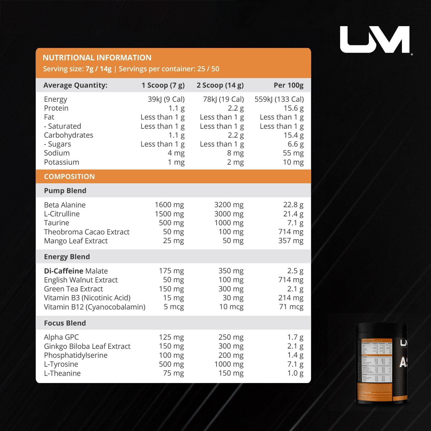 UM Sports Ascend Pre-Workout with Alpha GPC, Beta Alanine and Sustained Release Caffeine for Electric Energy, Focus and Pump - Preworkout Supplement Drink Men Women (Mango Nectar, 50 Serve) image number 1