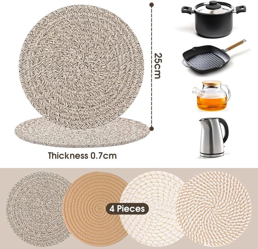 Chamgeco 10-Inch Woven Table Mats Placemats Trivets, 4PCS Heat-Resistant Cotton Braided Pot Holders Non-Slip Hot Pads for Hot Dishes Pans, Kitchen Countertops,Tables, Home Kitchen Essentials(Color 2)