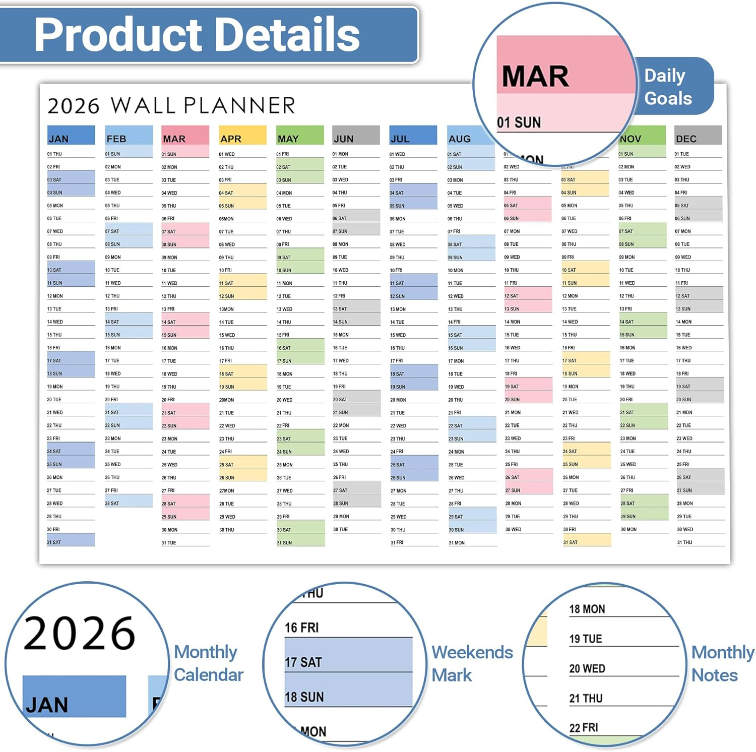 2026 Wall Planner, Large Wall Calendar Yearly Wall Planners & Colorful Stickers, Paper Blank Poster Calendar Charts, 2026 Annual Calendar, 365 Daily Plan Yearly Planner Office Home Plan Chart, Foldable(Multicolor#2) image number 6
