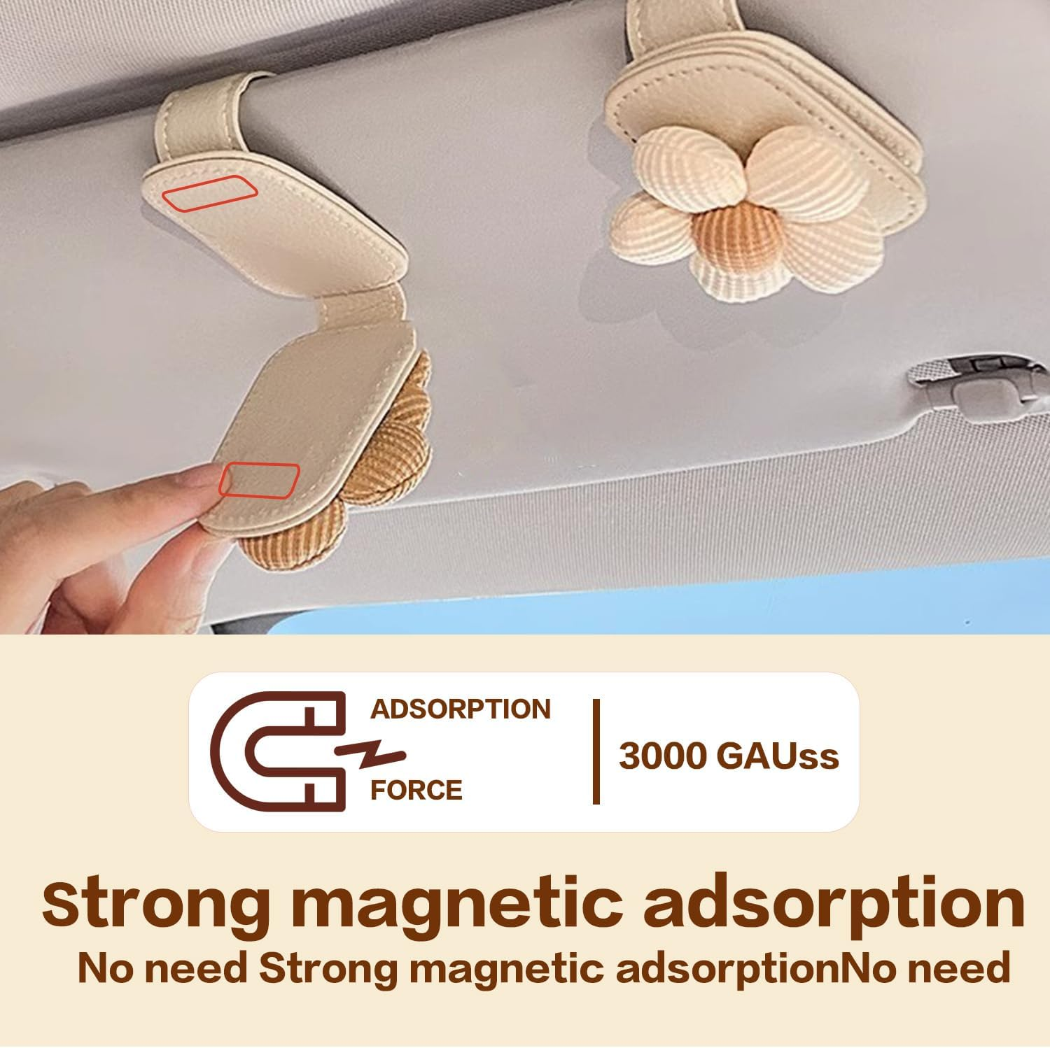 2 Pack Flower-Shaped Sunglass Holder for Car Visor &ndash; Beige Magnetic Leather Glasses Clip, Eyeglass Holder & Ticket Card Organizer, Universal Car Interior Accessory image number 1