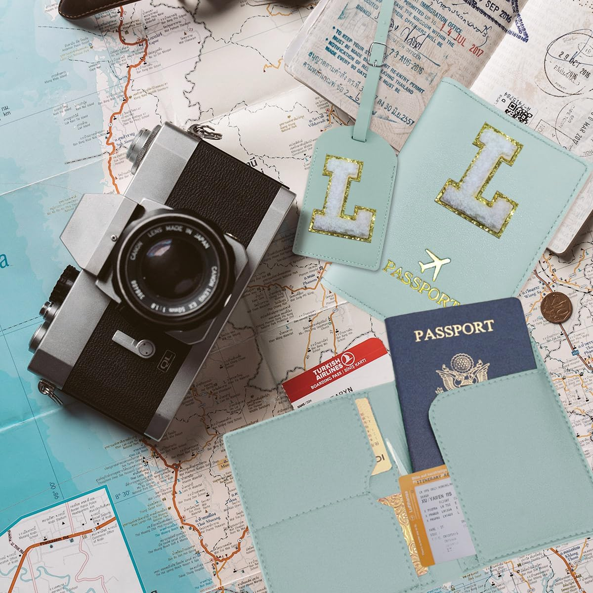 COSHAYSOO Initial Passport Cover and Luggage Tag Set for Women, Teal, L image number 4