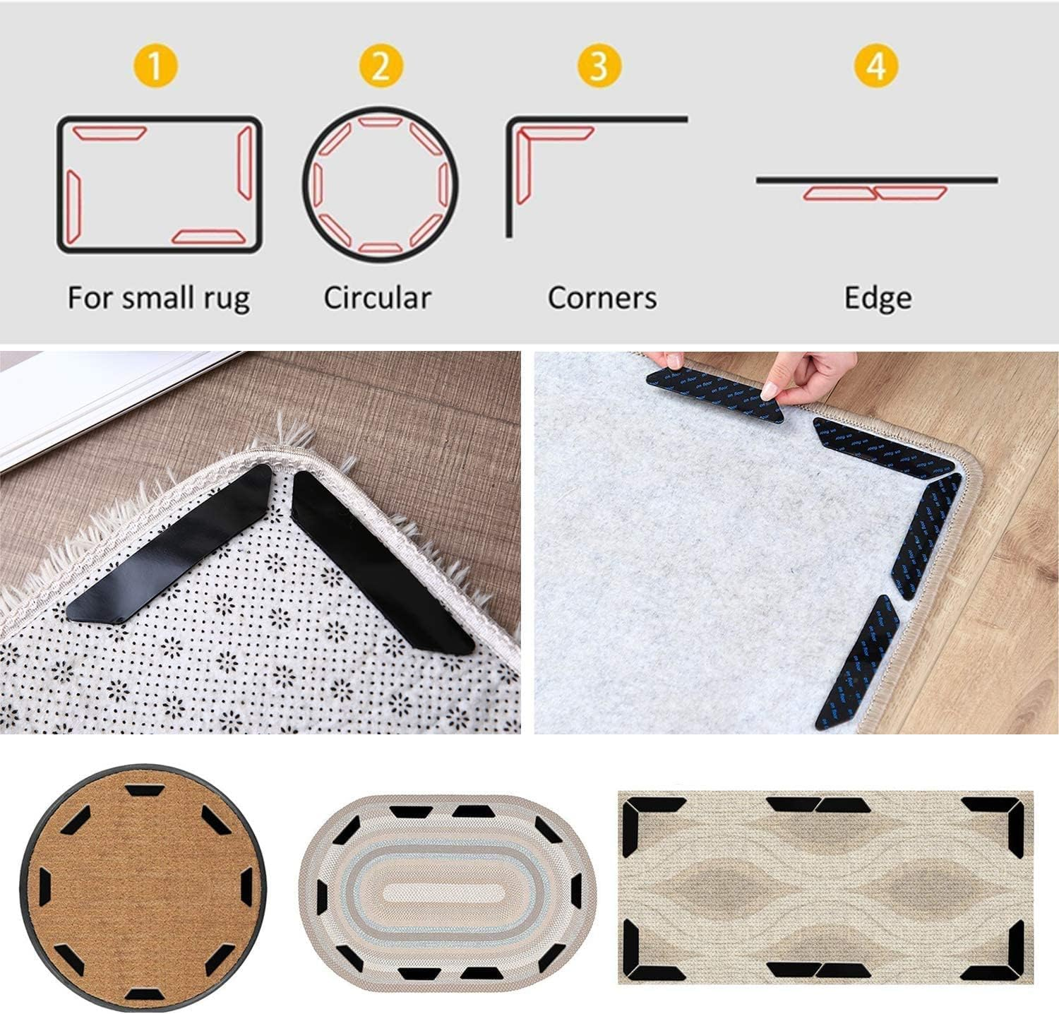 16 Pieces Rug Grippers, Anti-Slip Carpet Gripper, Double Sided Washable Removable anti Curling Corner Carpet Gripper, Non Slip Renewable Adhesive Rug Tape for Hardwood Floors and Tile (180Mm*30Mm) image number 3