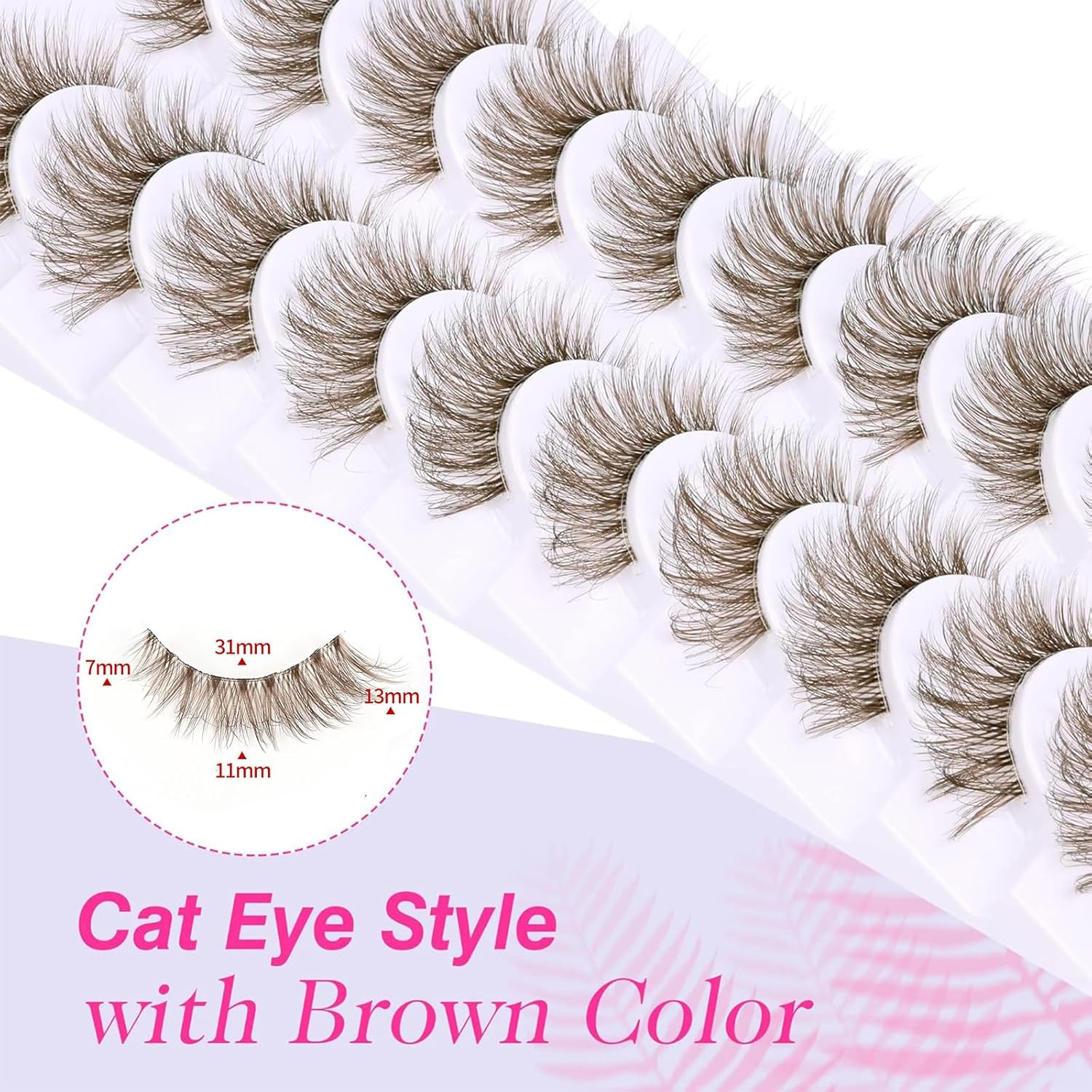 7 Pairs Natural Soft Eyelashes, Brown Curl Cat Eye Wispy, Clear Band Fluffy Strip Lashes, Fox Eye Long Volume Fake Eyelashes image number 3