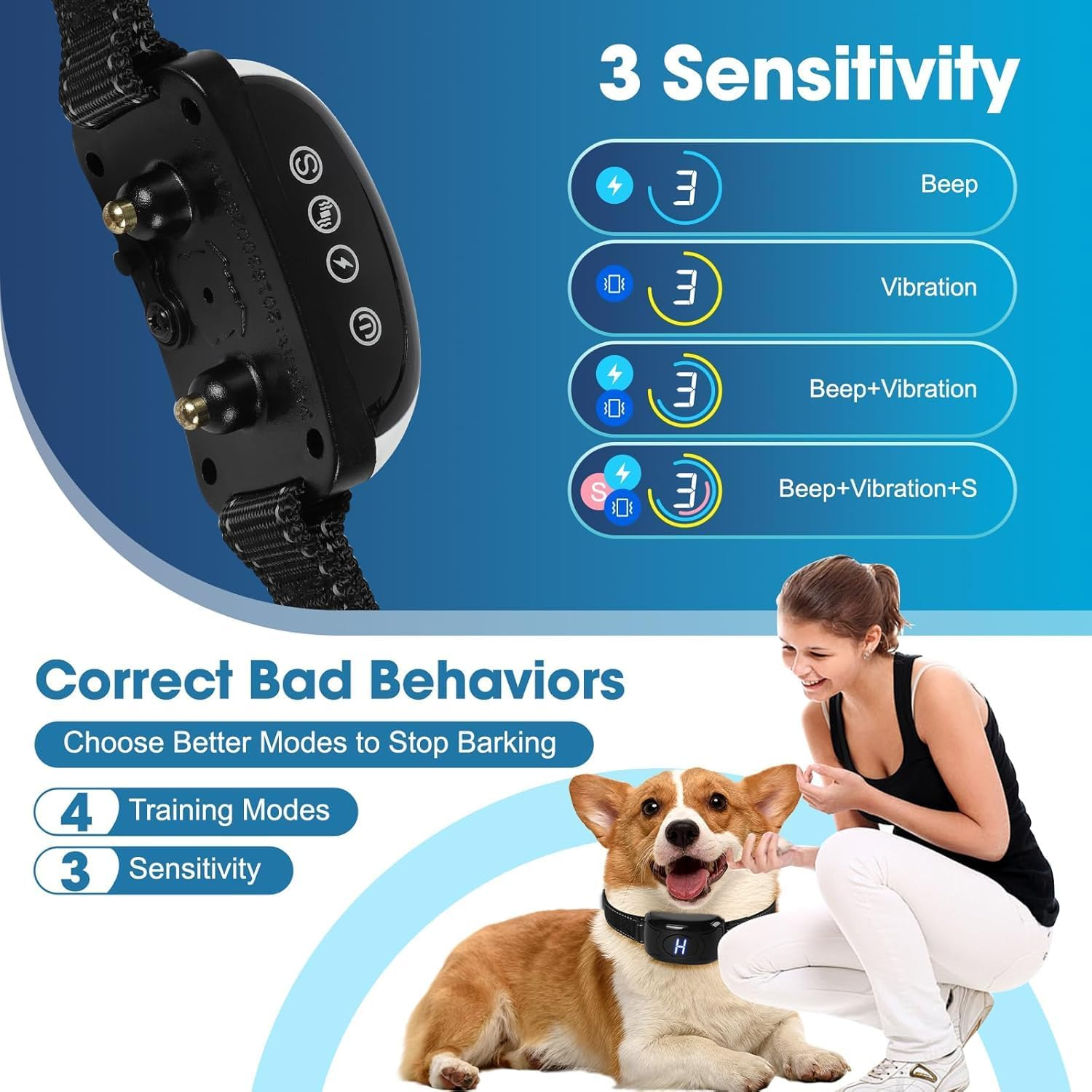 Dog Bark Collar 2-Pack, Adjustable anti Barking Device for Dogs Fits 12-150Lbs, IPX7 Waterproof Shock Collar for Dogs with 4 Training Modes, 3 Levels, One Touch USB Charging, Comfortable and Safe