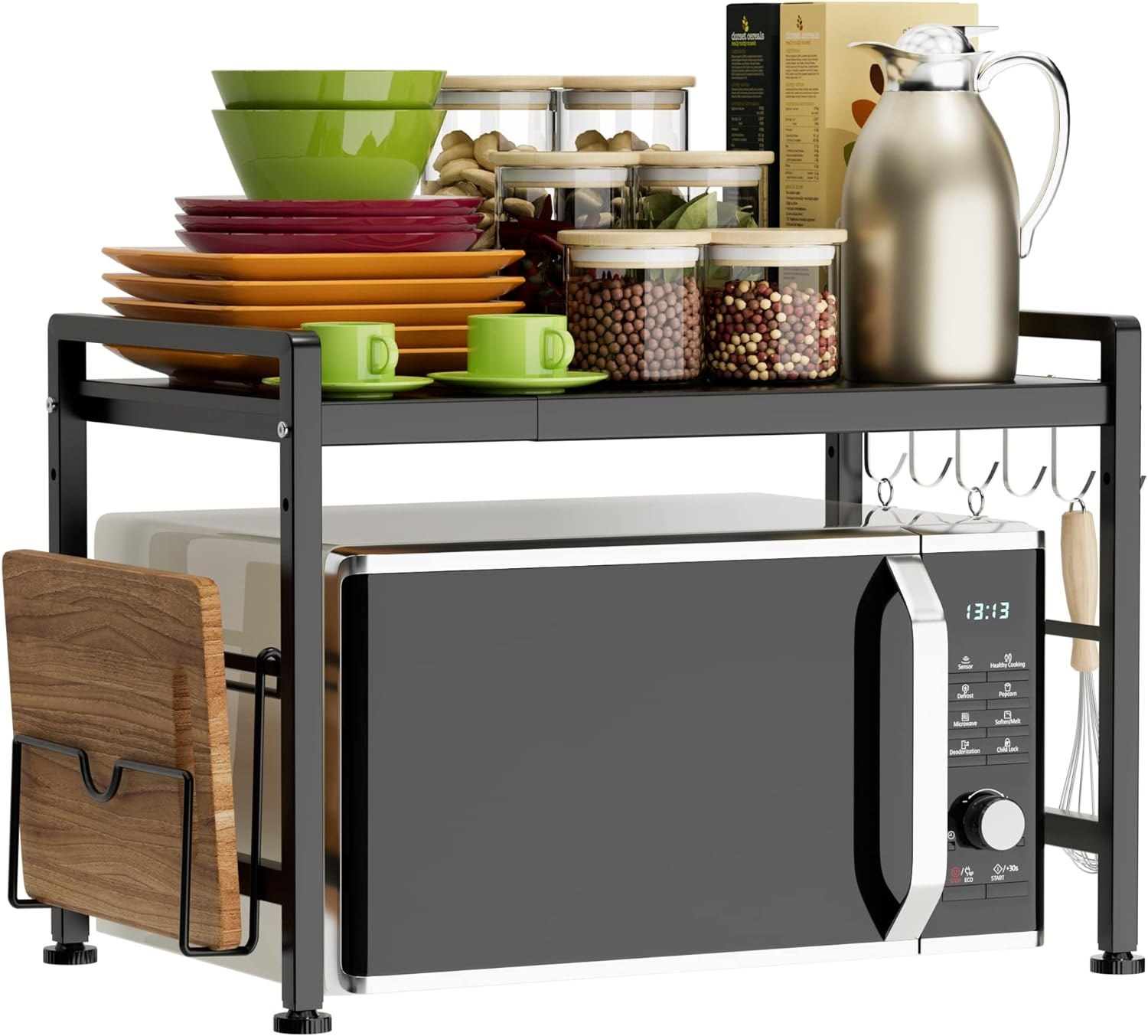 YIUKEA Extendable Microwave Oven Rack - Adjustable Kitchen Counter Shelf, 2 Tier Microwave Stand (L15.7~23.6" Xw12.8 Xh17.7) with 6 Hooks for Kitchen Countertop Organizer (White)