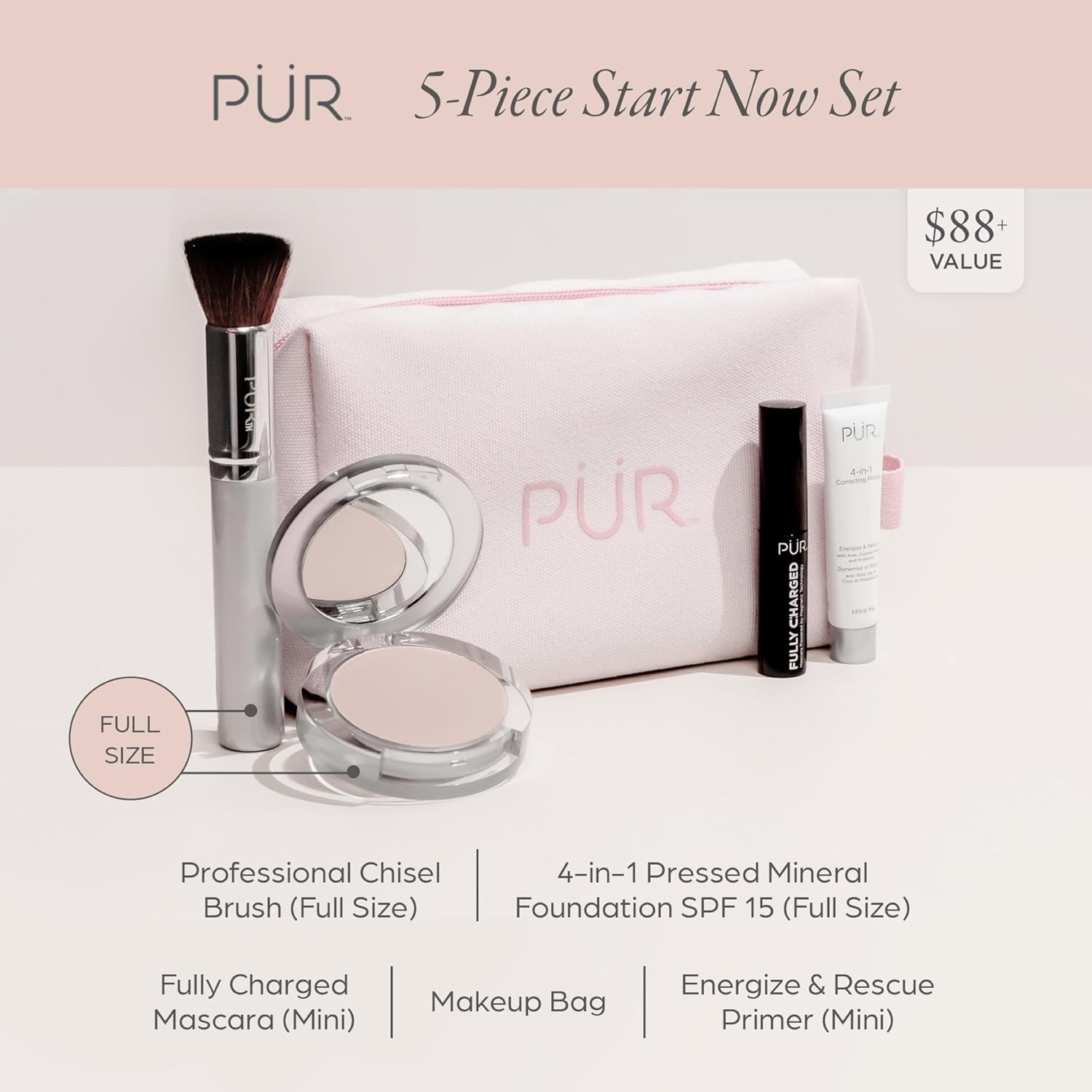 P&Uuml;R Minerals Multitasking Essentials Kit, Blush Medium - Makeup Gift Set Includes 4-In-1 Correcting Primer, Fully Charged Mascara, 4-In-1 Pressed Mineral Powder & 1 Chisel Brush image number 2