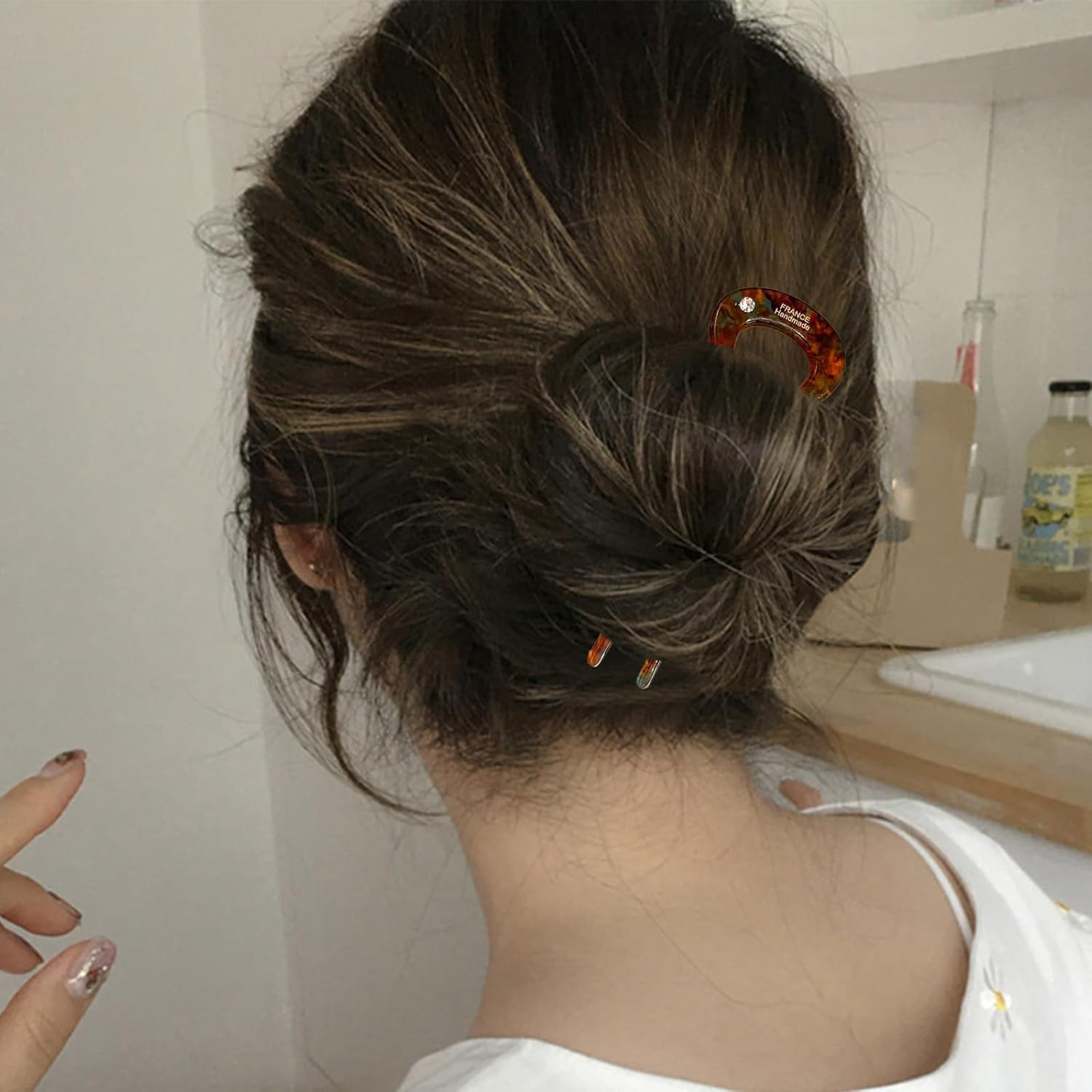 2Pcs French Rhinestone Hair Pins, U Shaped French Pin Rhinestone Style Hair Sticks Clip French Twist Hair Pin for Women Girls Thick Long Hair, Orange & Brown image number 1