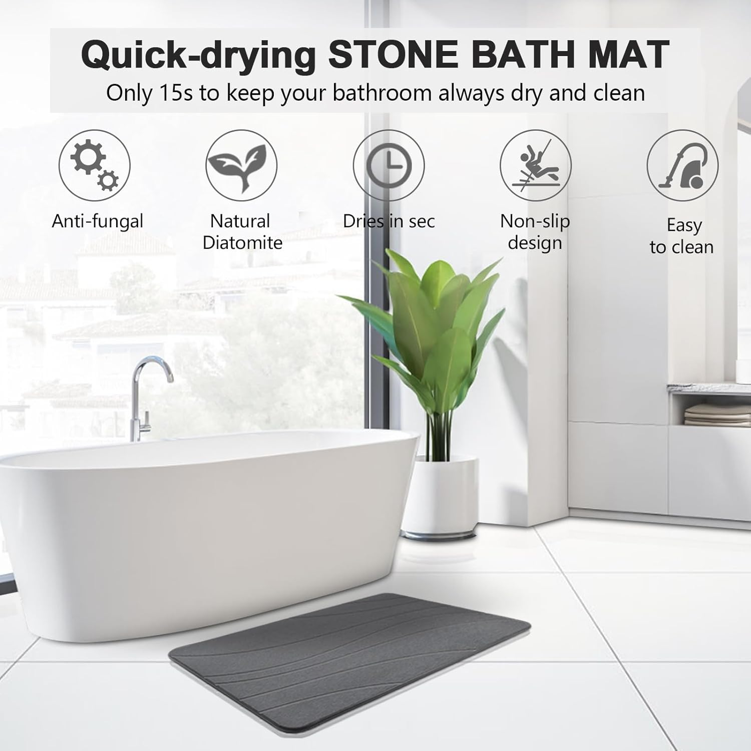 Heyolo Stone Bath Mat Diatomaceous Earth Bath Mat 60X39Cm Non-Slip Super Absorbent Bath Mats for Bathroom Quick Drying Diatomite Stone Shower Mat for Kitchen Bathtub, Easy to Clean, Gray image number 7