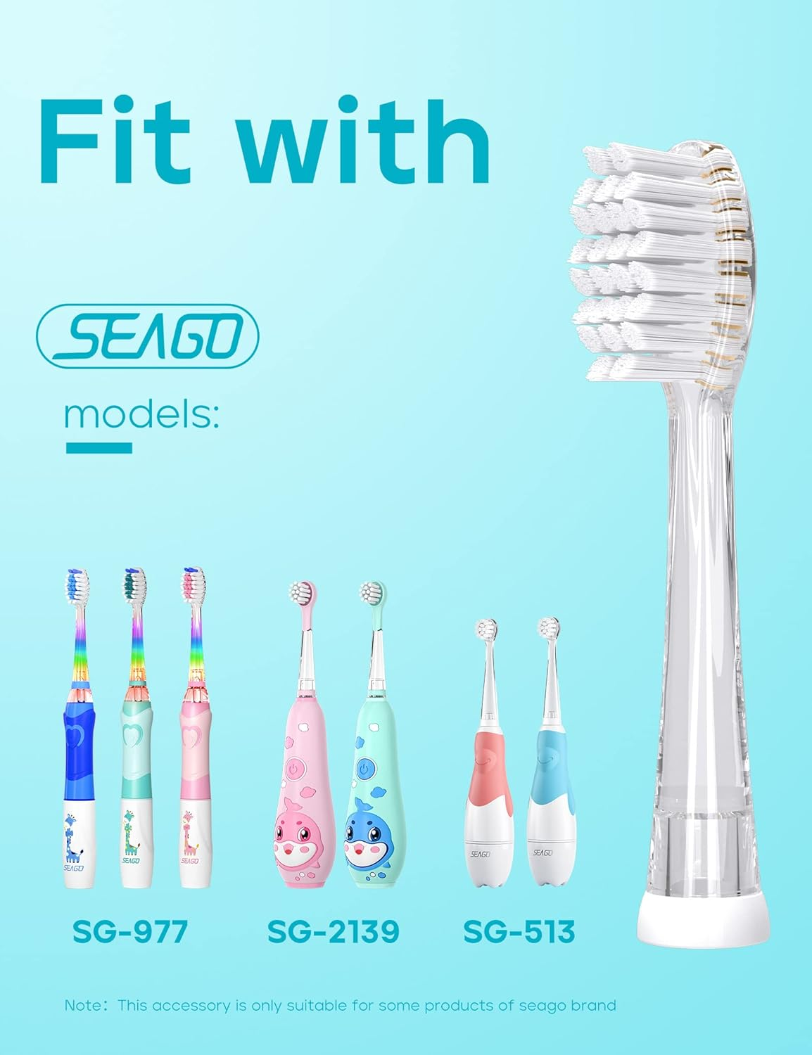 SEAGO Kids Replacement Brushes, Set of 4. Compatible Models SG-513 SG-2139 SG-977 (Clear, L) image number 1