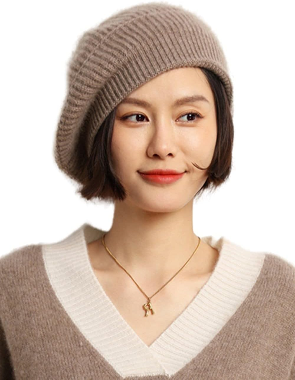 Cashmere Berets Hats Women Winter Warm Merino Wool Knitted Oversized Beige Beanie