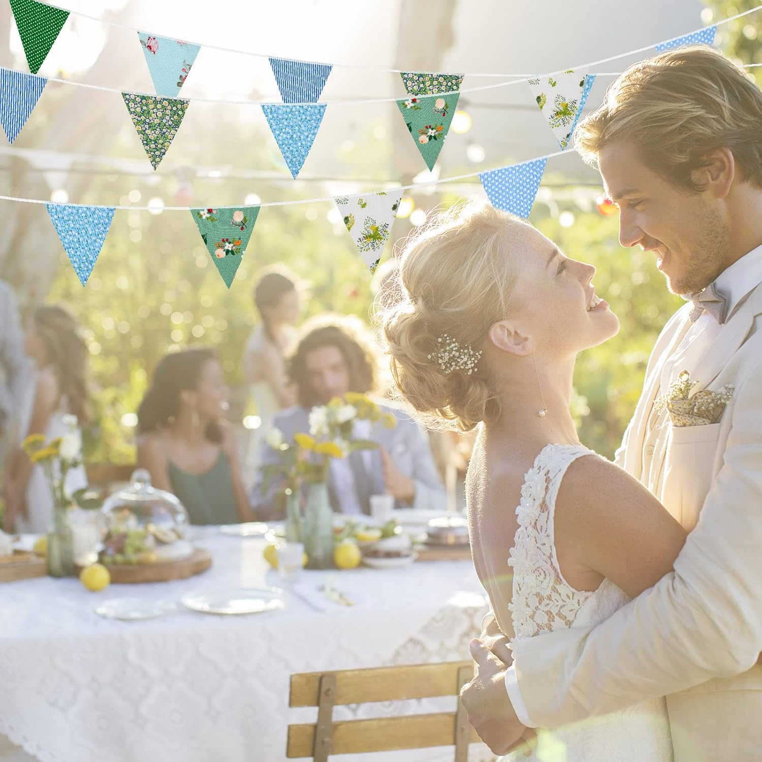 15M/50Ft Fabric Bunting Flag 48 Pieces Vintage Cotton Floral Fabric Bunting Outdoor Waterproof Reusable Festival Flags for Baby Shower Party Christmas Birthday Garden Decorations(Green and Blue)