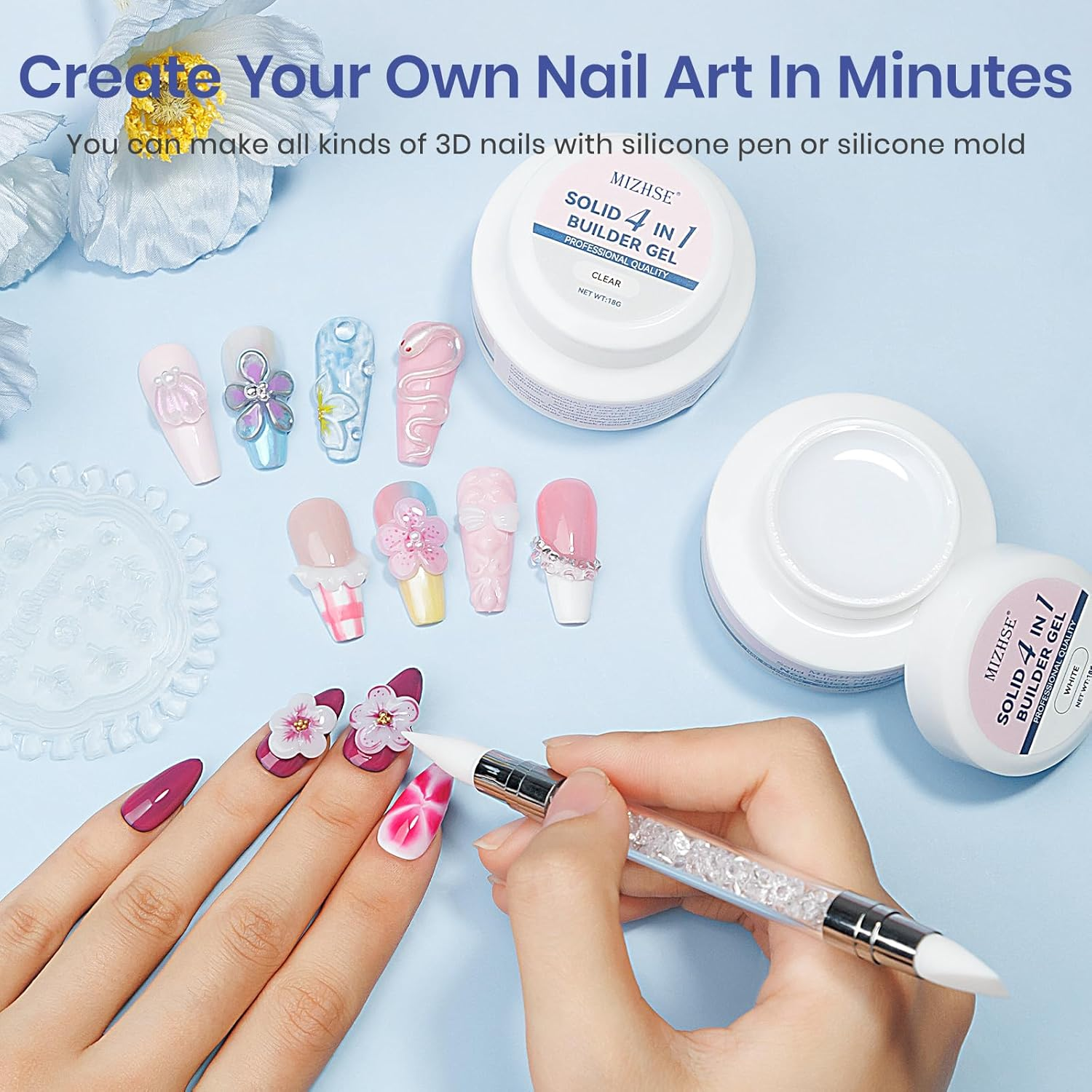 MIZHSE Solid Builder Gel: 2 Colors Clear & White Non-Sticky Hand 3D Nail Gel Sculpting Gel for Nail Art for Molding Modeling and Extension Soak off U V LED Starter Kit DIY Home Salon 18G image number 4