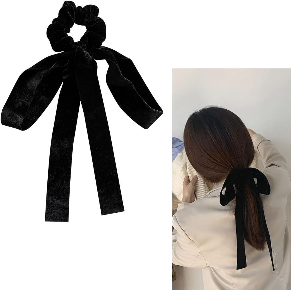 Black Velver Hair Bow Ties for Women Girls Bowknot Hair Scrunchies with Ribbons for Women Elastic Hair Bows Ribbon Ponytail Holder Accessories Bowknots Hair Tie Bows Scrunchie