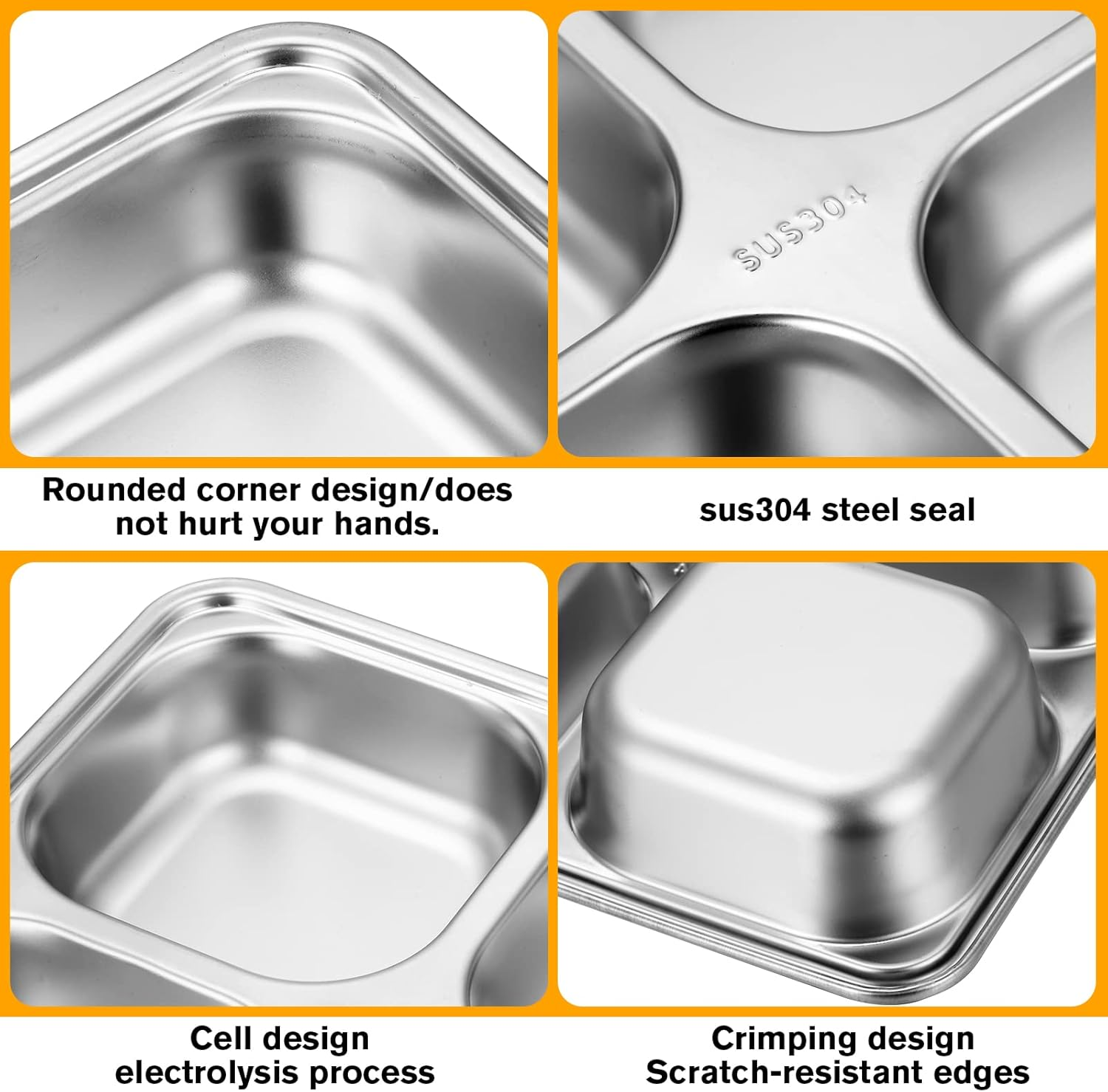CHENGU 5 Pack Stainless Steel Divided Plates for Adults with Compartments & Serving Plate Dividers (4 Sections) image number 2
