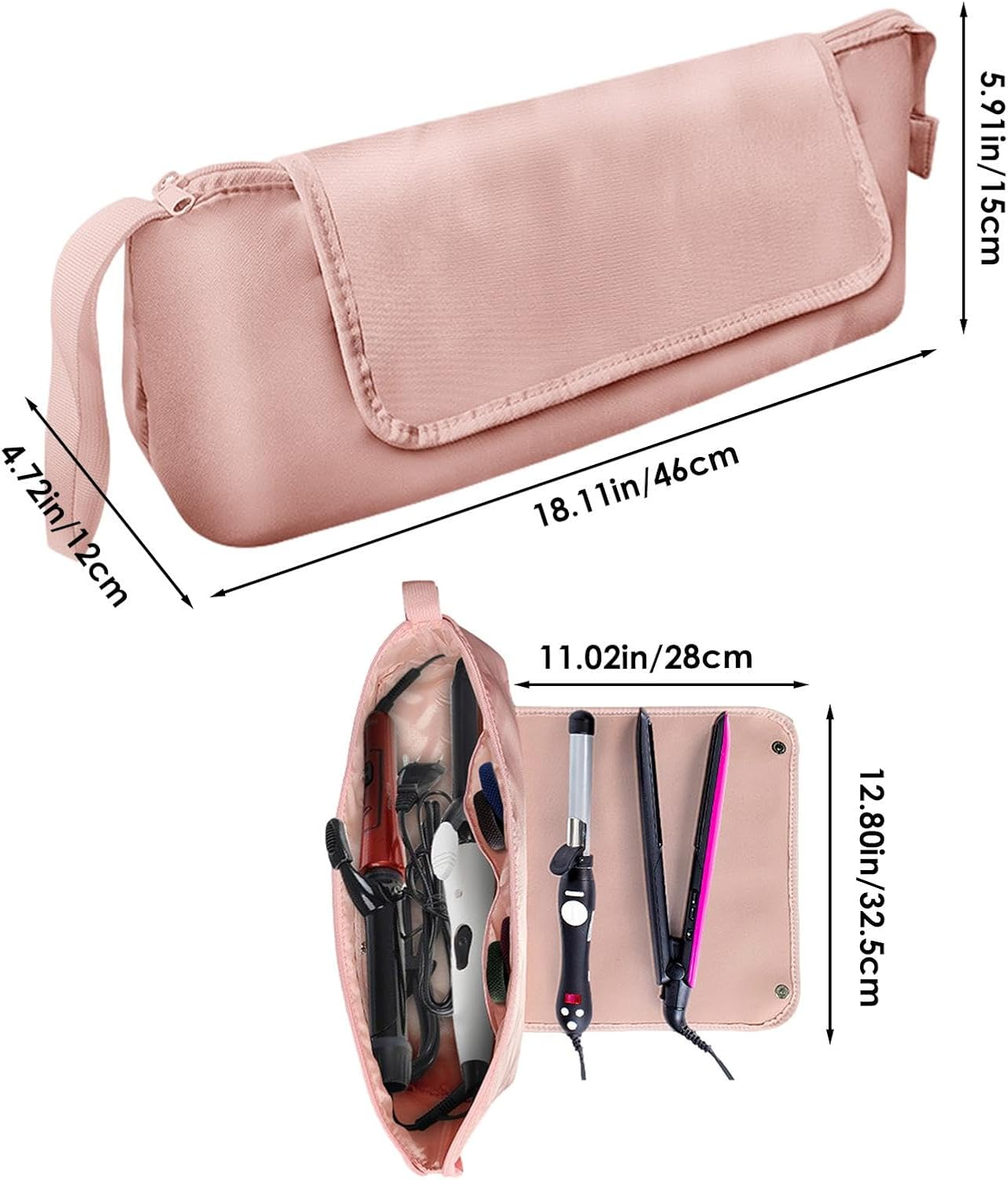 Hair Straightener Bag - Divided Zippered Waterproof Curling Iron Case - Dustproof Tool Holder for Hair Dryer, Portable Flat Iron with Strap - Black image number 6